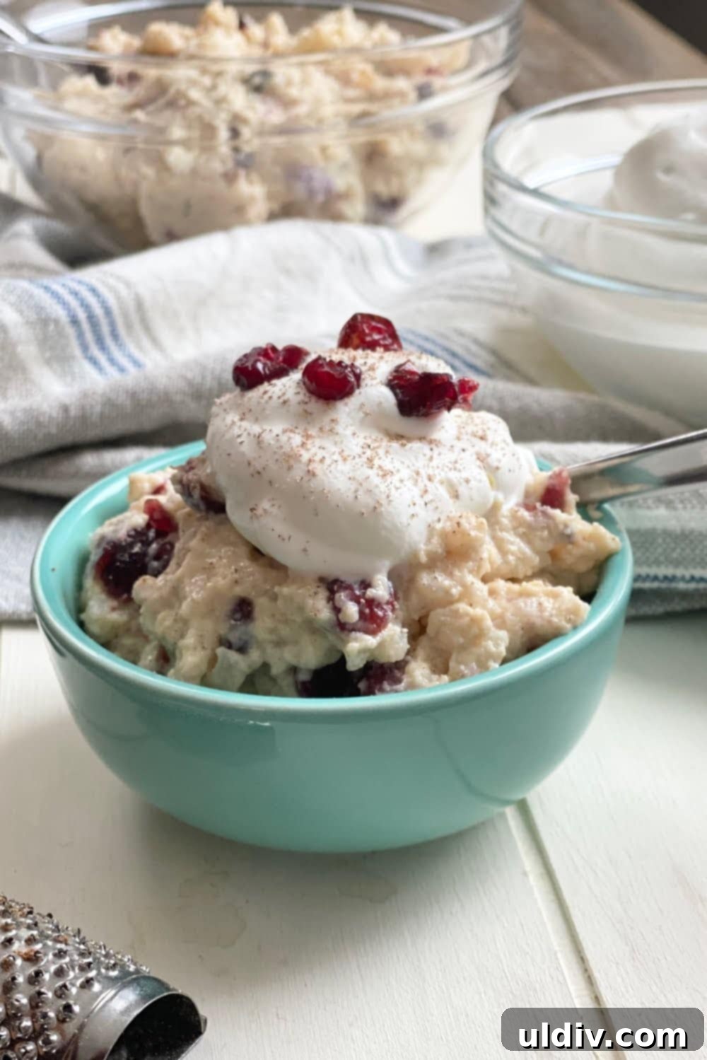 Grandma's Stovetop Rice Pudding 6 A beautifully presented bowl of creamy stovetop rice pudding, generously topped with freshly whipped cream and a sprinkle of nutmeg, ready to be enjoyed.