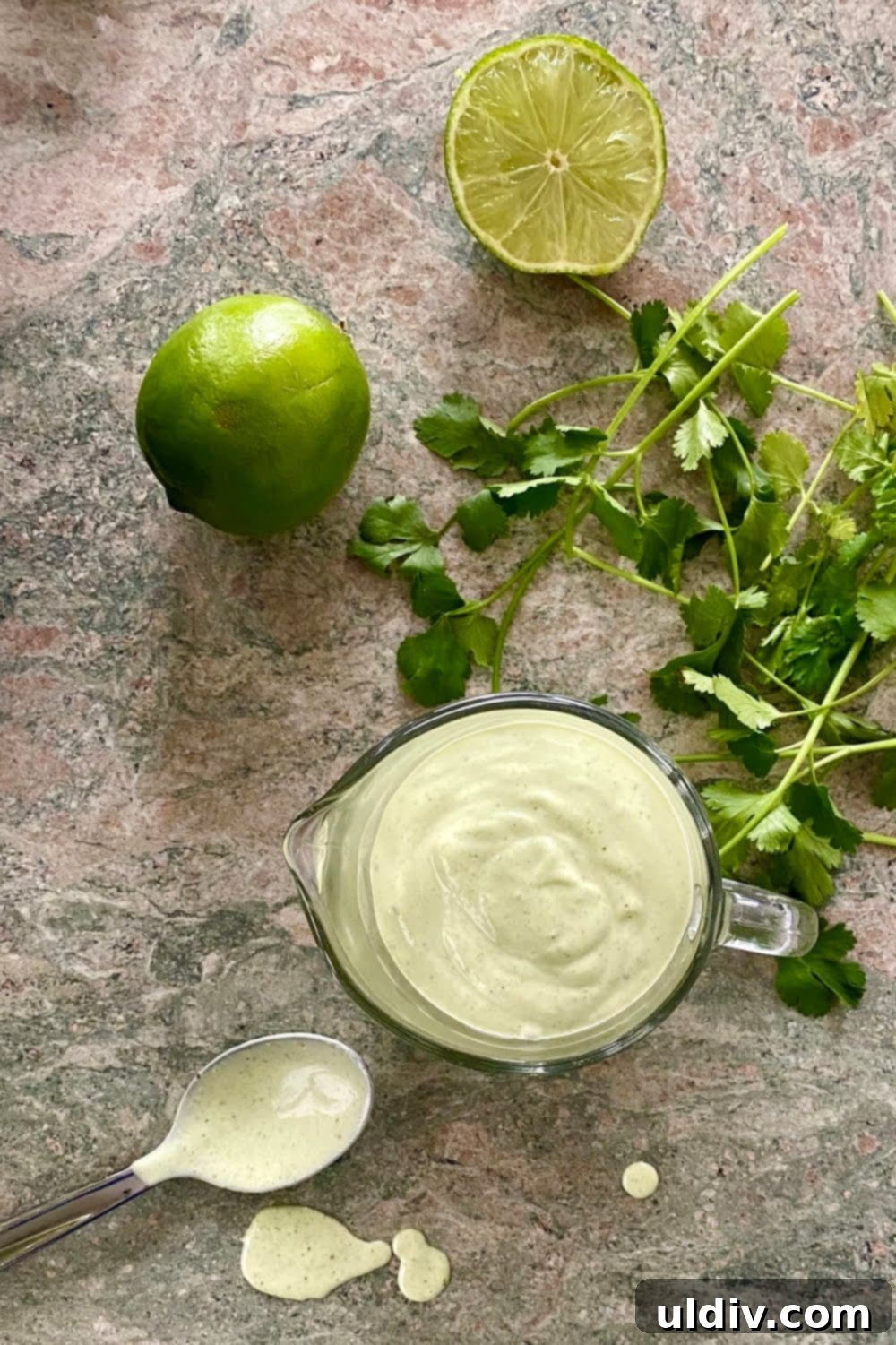 Velvet Cilantro Lime Dressing 5 close up of lime, cilantro, and creamy dressing ingredients
