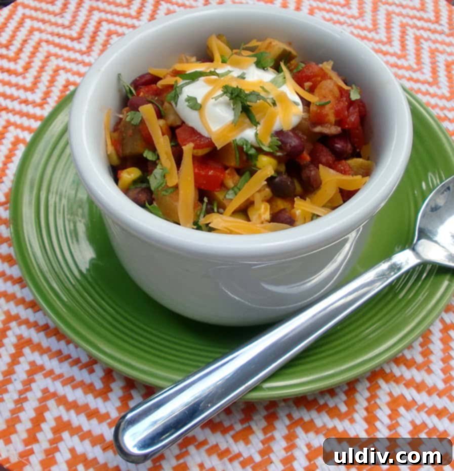 A vibrant bowl of veggie and bean chili, ready to be served.