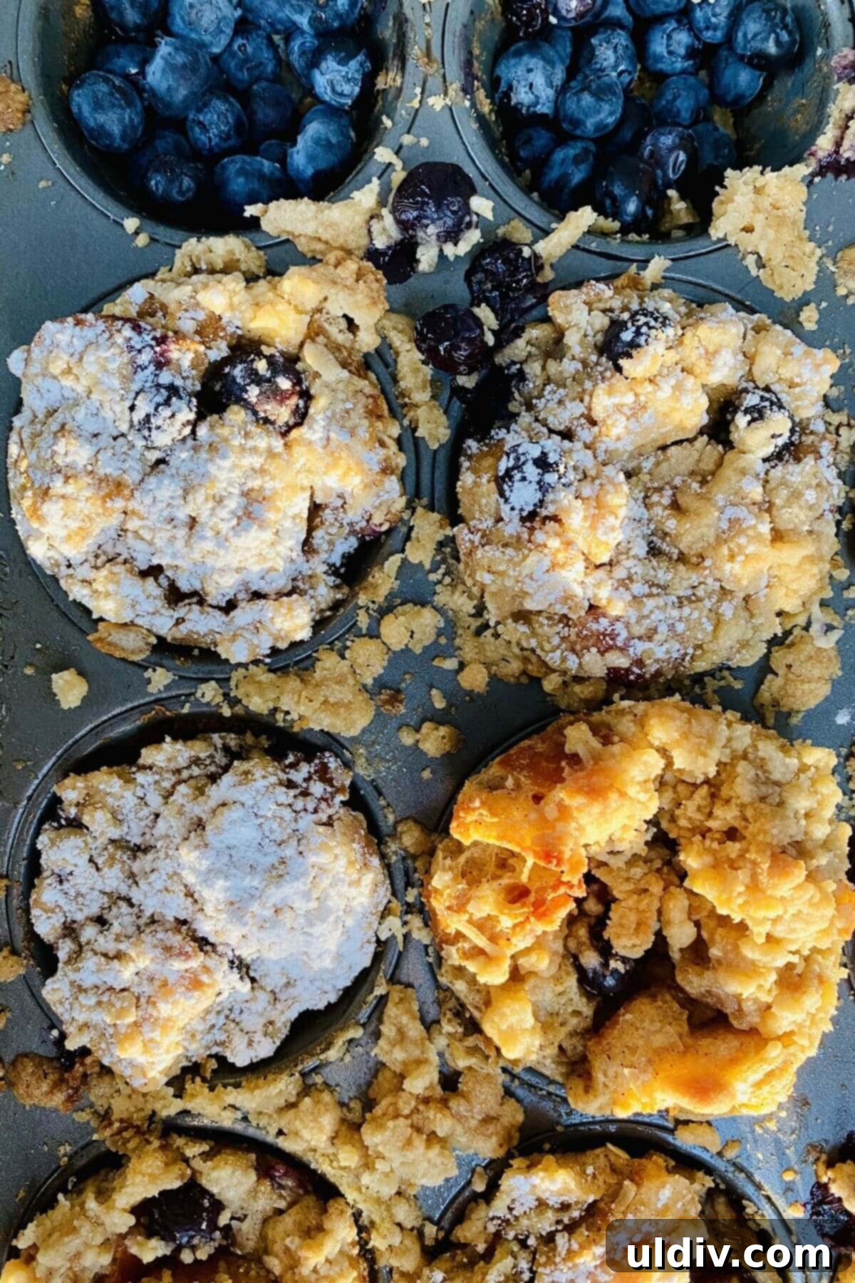 Blueberry Coconut Cinnamon French Toast Muffins 9 A close-up of baked French toast muffins studded with blueberries, cooling in a muffin tin, highlighting their golden-brown streusel tops.