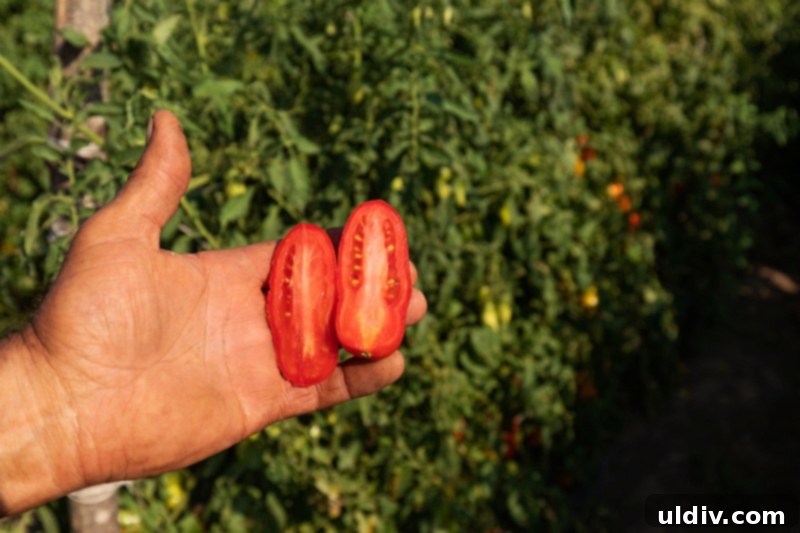 San Marzano tomatoes being sorted and prepared for canning by hand