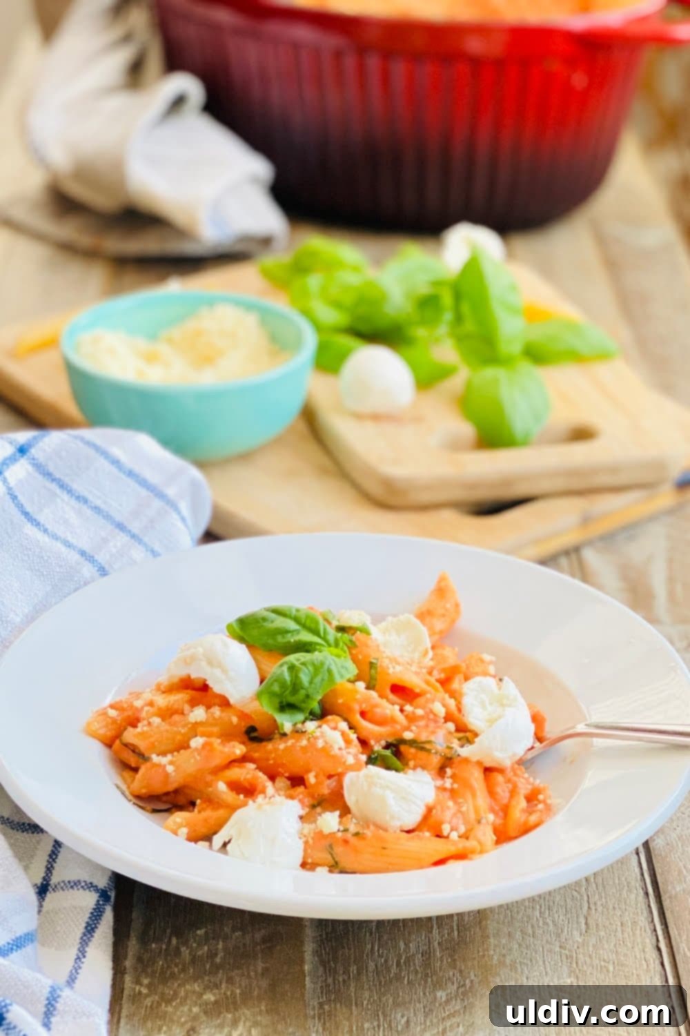 Velvety Tomato Pasta 6 A close-up of creamy tomato pasta in a bowl, garnished with fresh basil leaves and torn mozzarella pieces.