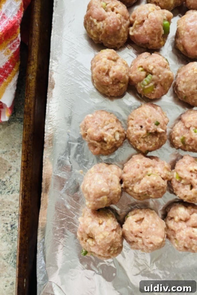 Quick-Baked Teriyaki Turkey Meatballs with a Sticky Glaze 7 A pan filled with perfectly shaped raw turkey meatballs, ready for baking.