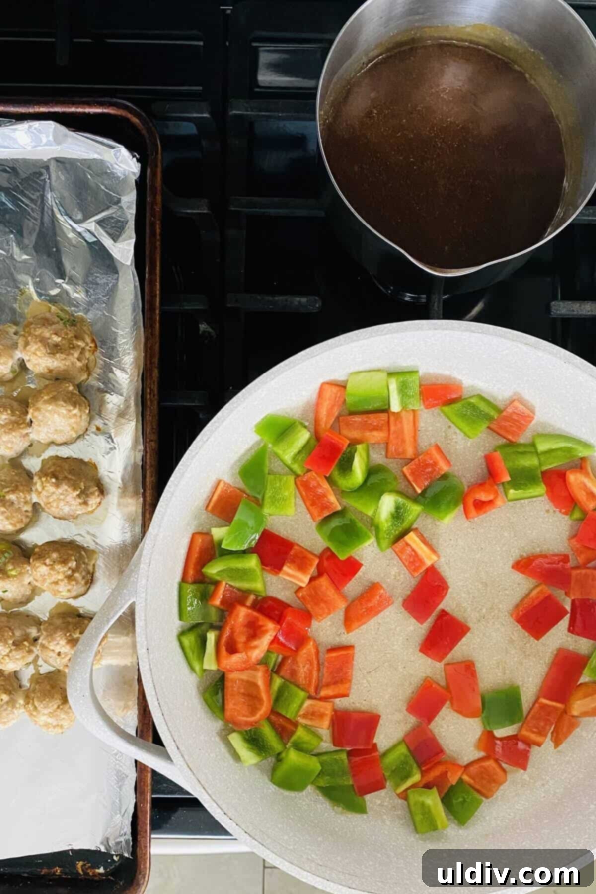Quick 30-Minute Baked Teriyaki Glazed Turkey Meatballs 8 Sliced green and red bell peppers sautéing in a pan, ready to be combined with the meatballs.