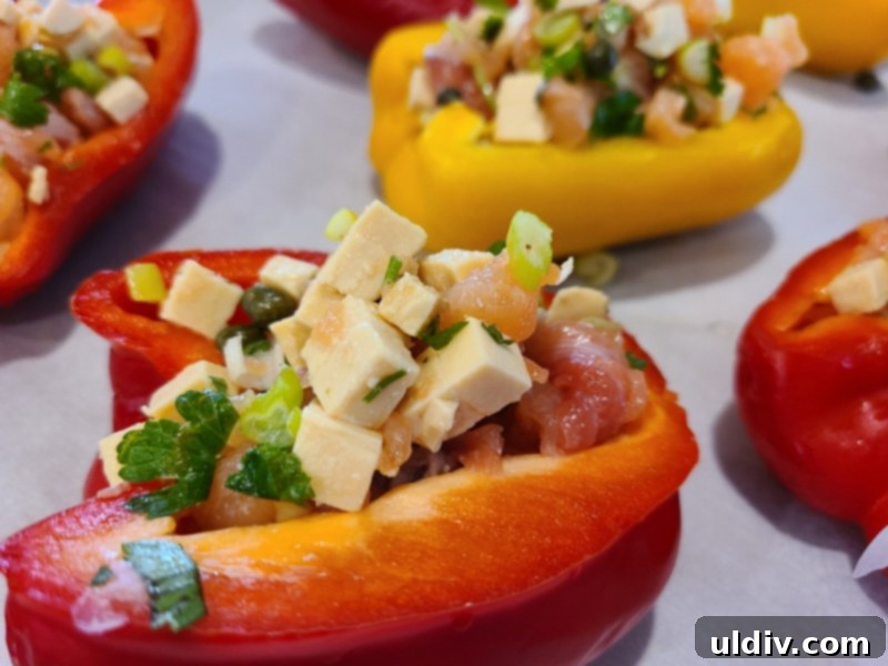 New Year's Kickoff Salmon and Gouda Stuffed Peppers 5 Golden-brown stuffed peppers fresh out of the oven, perfectly cooked
