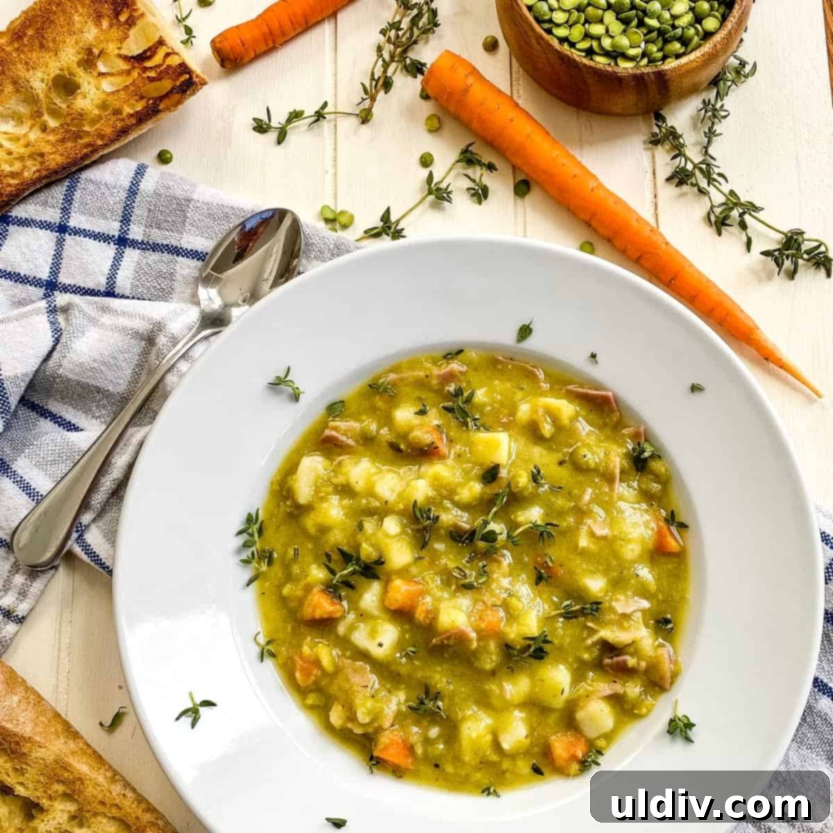 Robust Ham & Potato Split Pea Soup with Crispy Croutons 6 A bowl of thick and creamy split pea soup with ham and potatoes, served with a simple napkin, inviting a cozy meal.