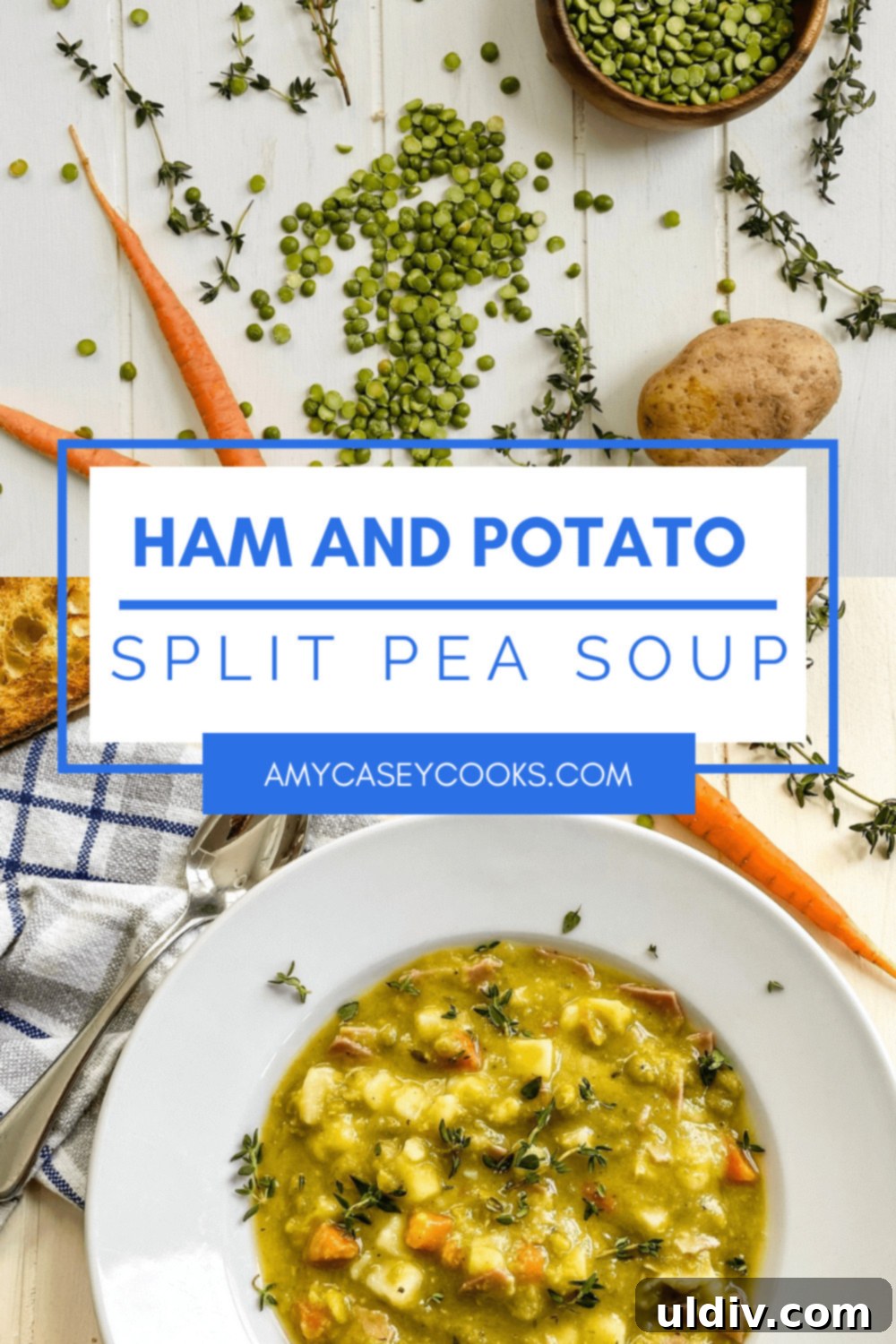 Robust Ham & Potato Split Pea Soup with Crispy Croutons 7 A beautifully presented bowl of split pea soup with ham and potatoes, perfect for a cozy meal.
