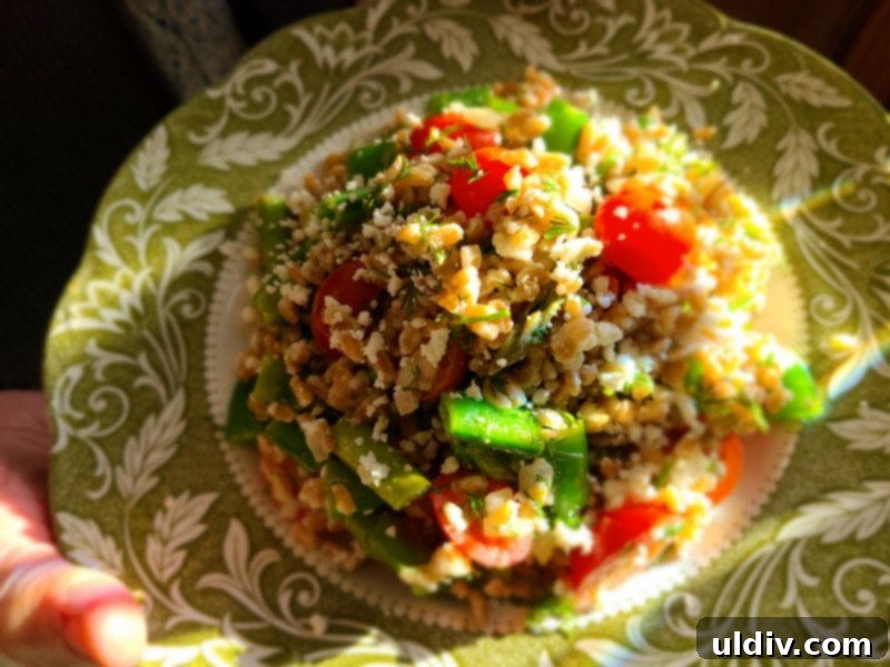 Cultivating Calm: Gourmet Discoveries and Self-Care Rituals for Pandemic Life 6 Another view of the delicious plant-based farro salad, highlighting fresh ingredients