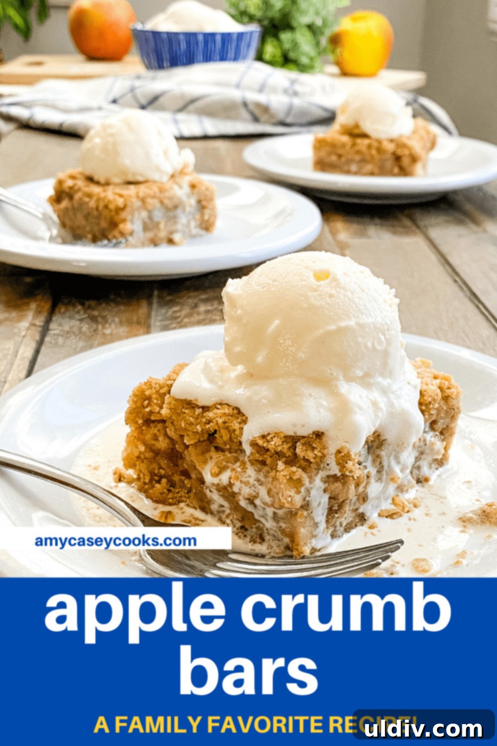 apple crumb bar topped with ice cream