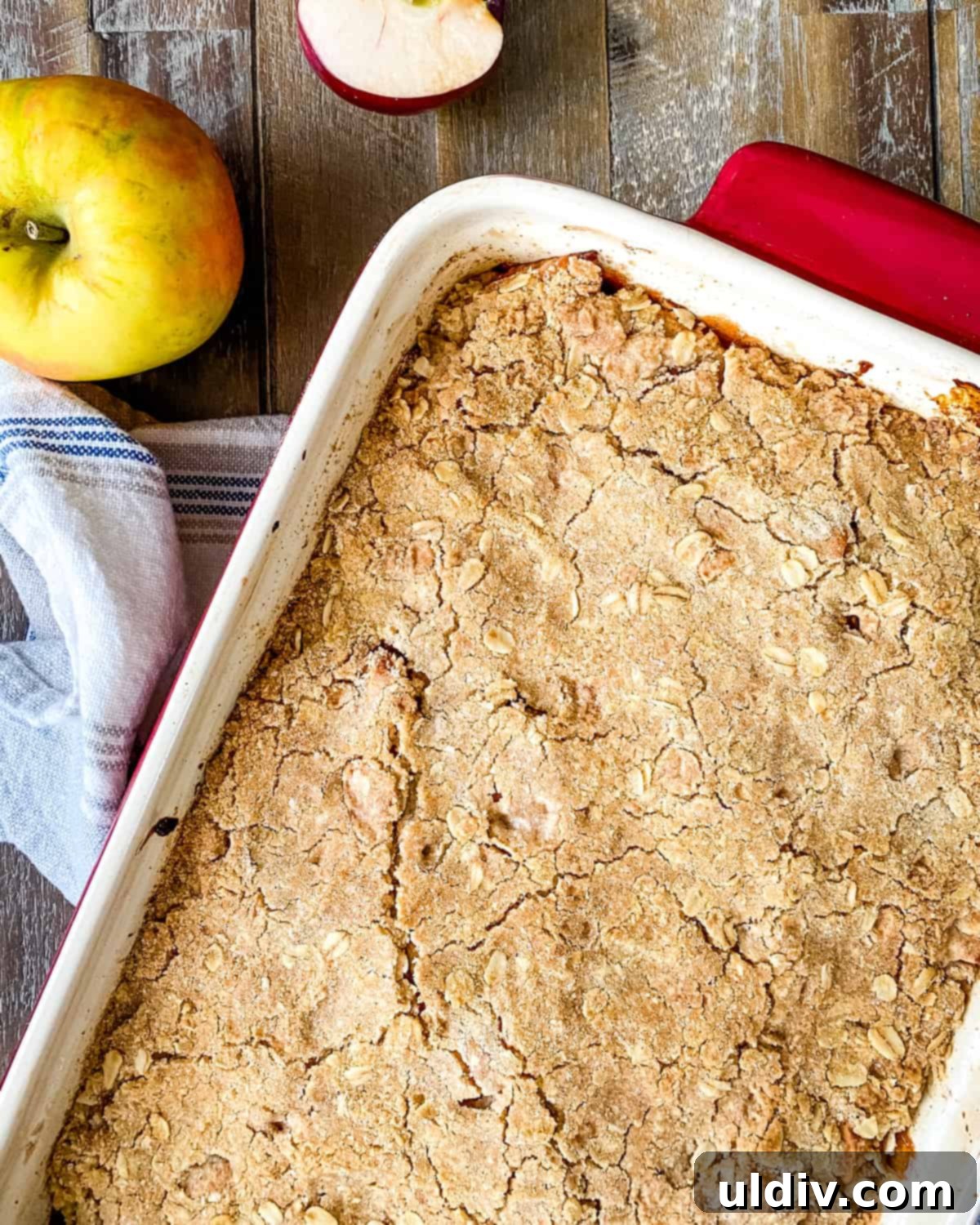 Spiced Apple Crumb Bars 8 Baked apple crumb bars in a baking dish.