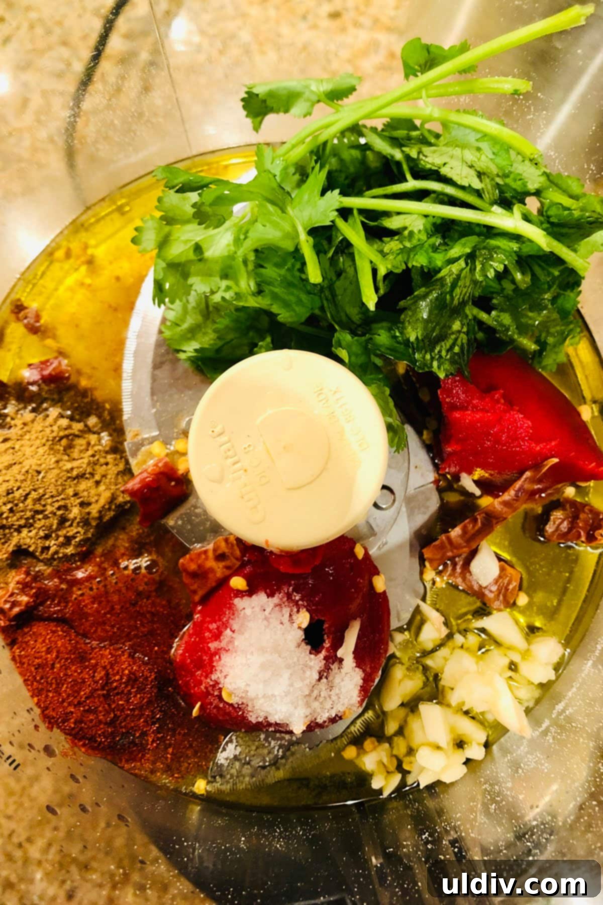 Spicy Harissa Power Bowl 3 food processor with cilantro, dried chiles, cumin, tomato paste, garlic, olive oil