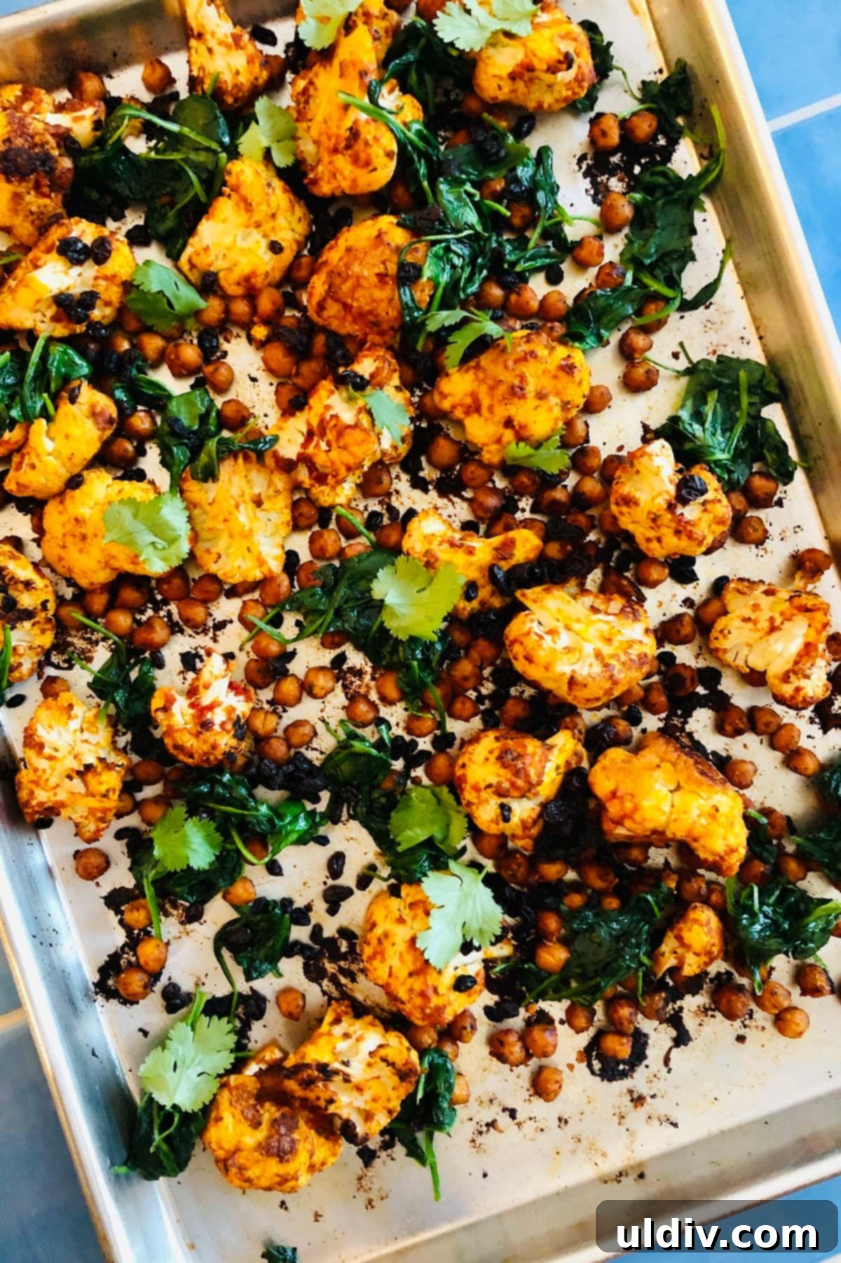 Harissa Fire-Roasted Cauliflower & Chickpea Medley 6 sheet pan with roasted cauliflower and chickpeas