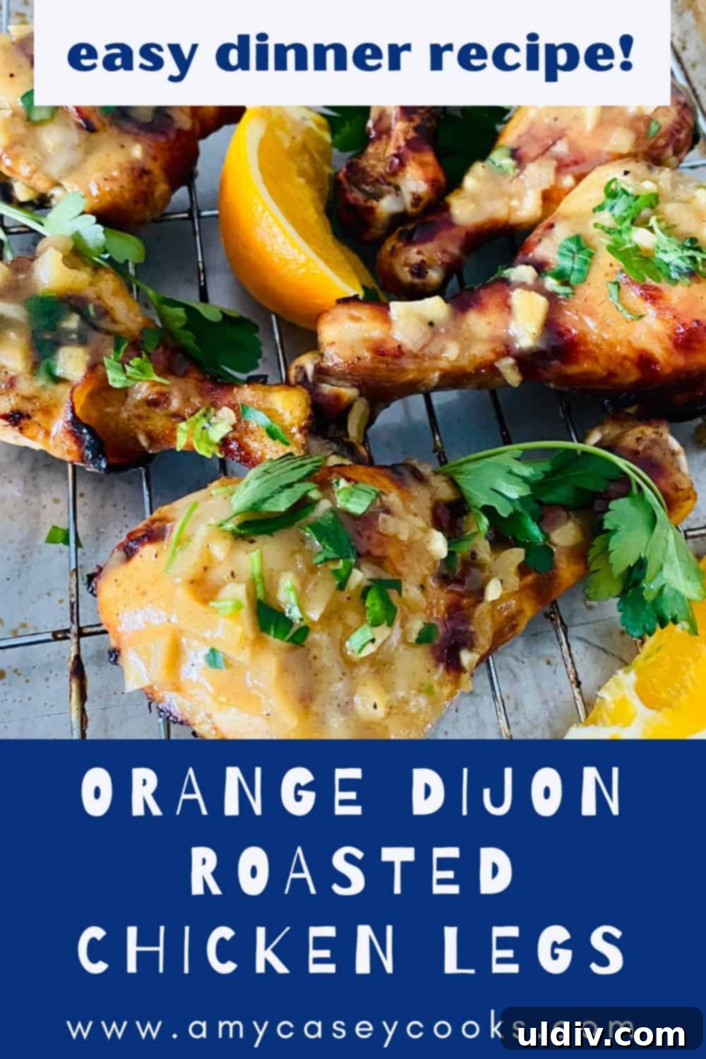 Two oven roasted chicken legs with fresh herbs and orange slices, on a serving plate with a white background, highlighting the golden-brown skin.