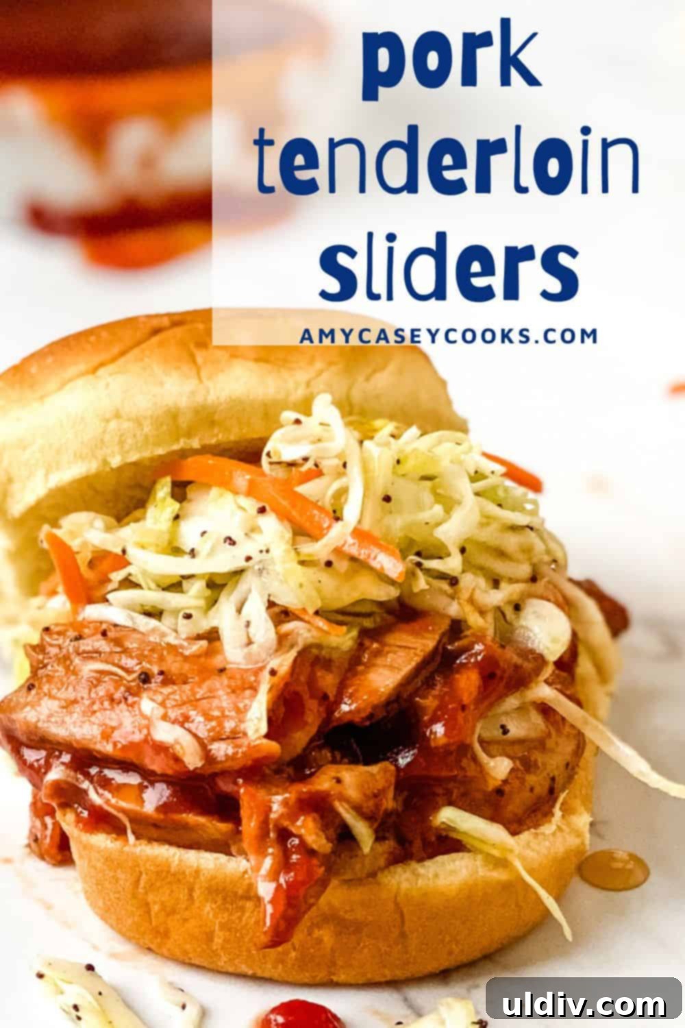 BBQ Pork Tenderloin Minis with Zesty Coleslaw 8 A single Barbecue Pork Tenderloin Slider, showcasing the layers of tender pork, sauce, and coleslaw, on a white plate.