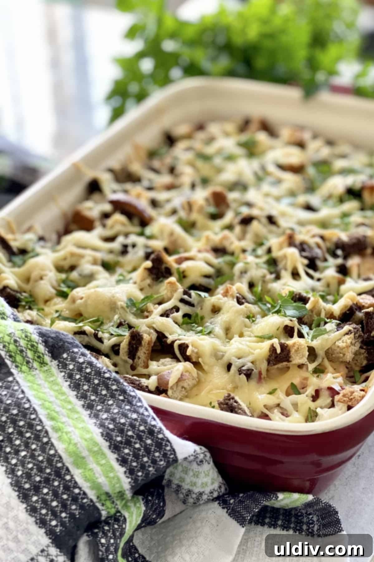 Irresistible Reuben Casserole 10 A generously layered Irish Reuben casserole recipe, ready to be served, showing distinct bread, meat, and cheese layers.