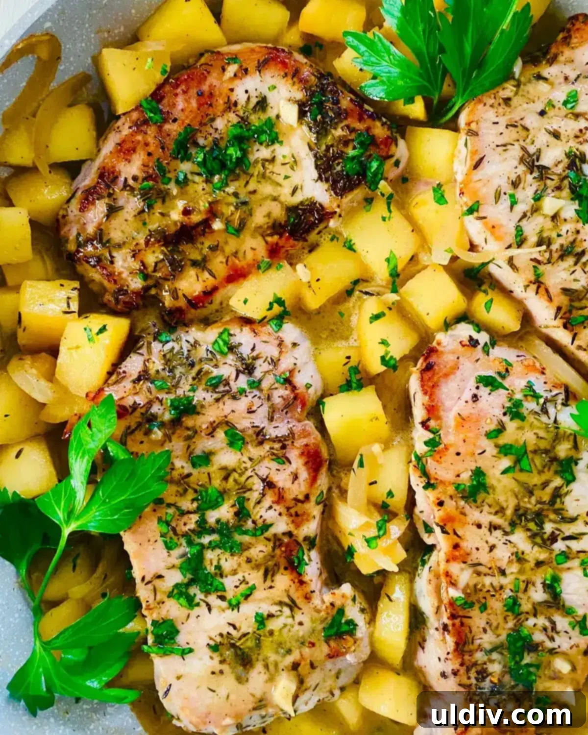 Sweet and Savory Apple Pork Chops 2 a pan with pork chops and apples.