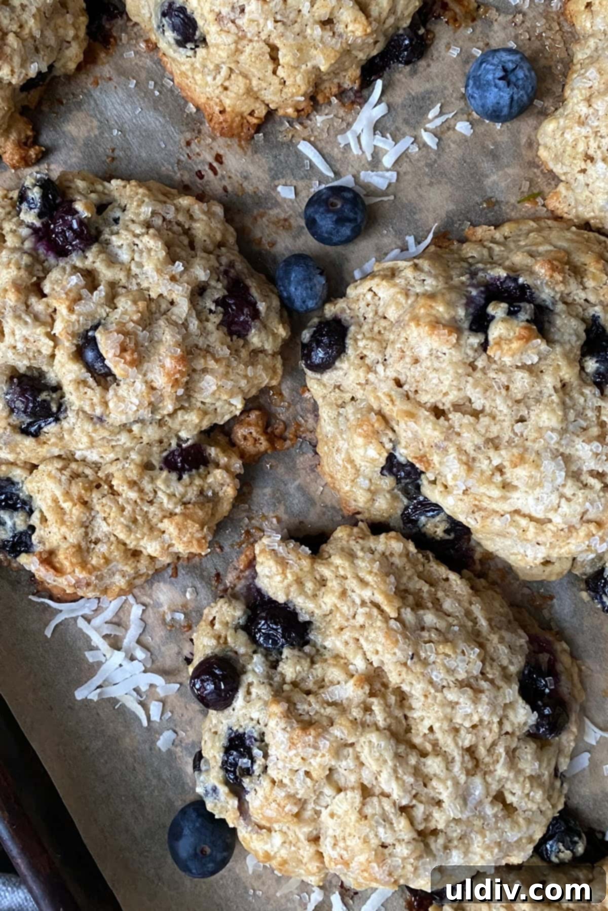 No-Fuss Blueberry Drop Scones 2 Drop scone recipe for big scones with blueberries on parchment paper.