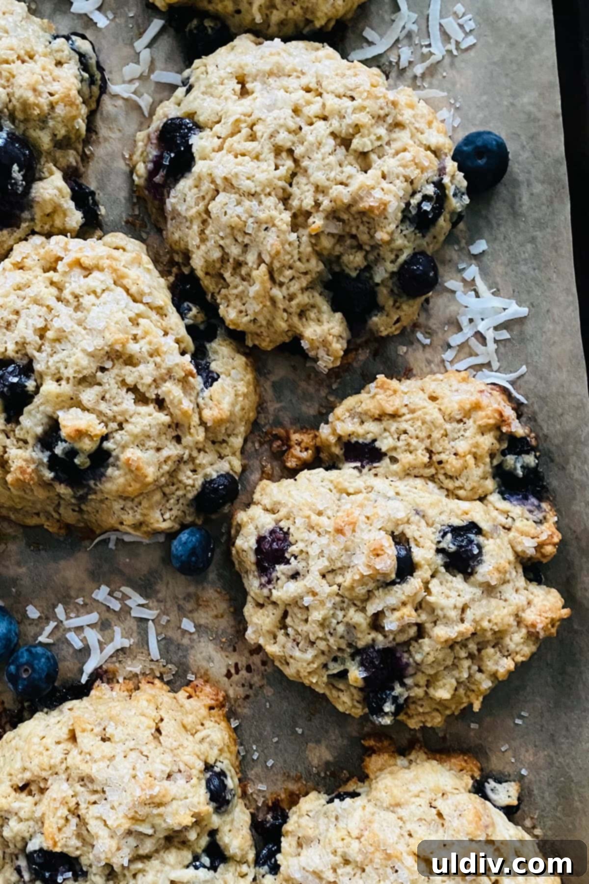 No-Fuss Blueberry Drop Scones 7 Craggy, tender buttery blueberry scones on a baking sheet.