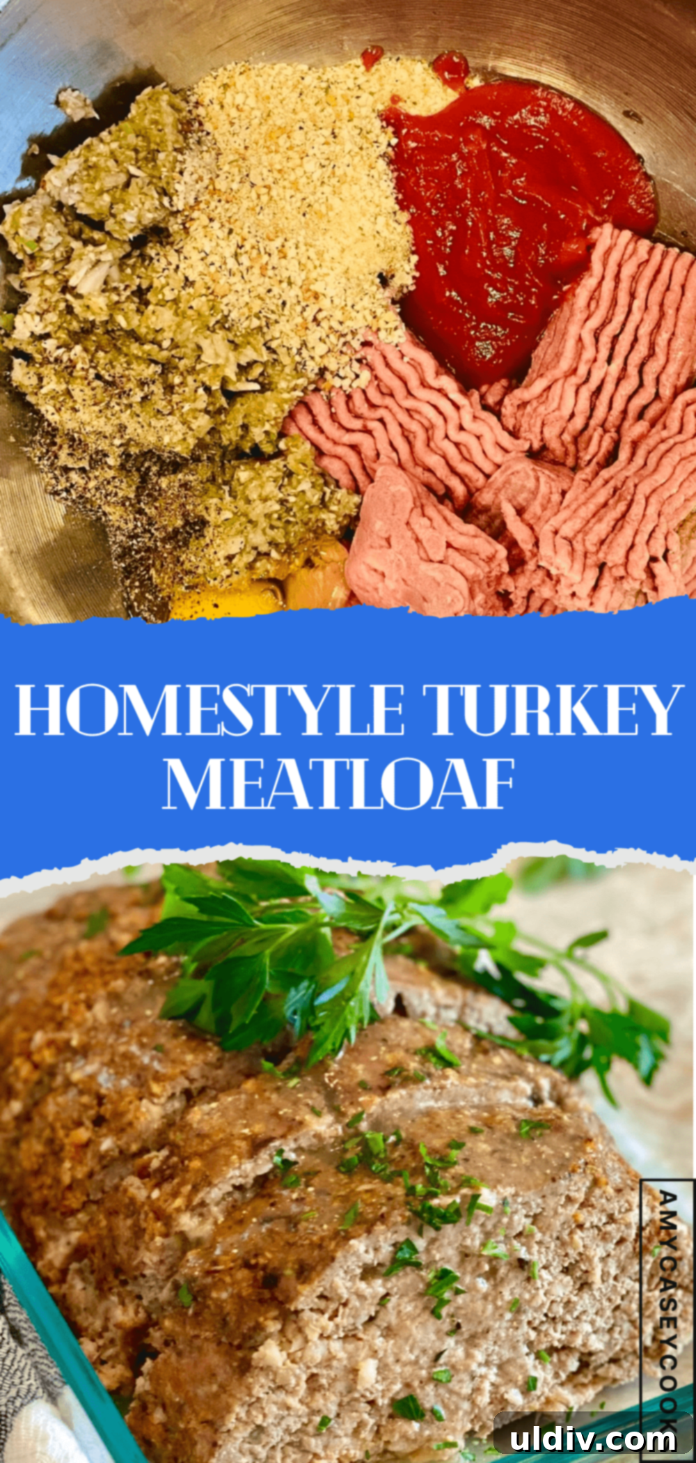 Comforting Turkey Meatloaf with Savory Mushrooms 10 A collage showing the mixing process of turkey meatloaf with mushrooms in a bowl and a golden-brown baked meatloaf on a baking sheet.