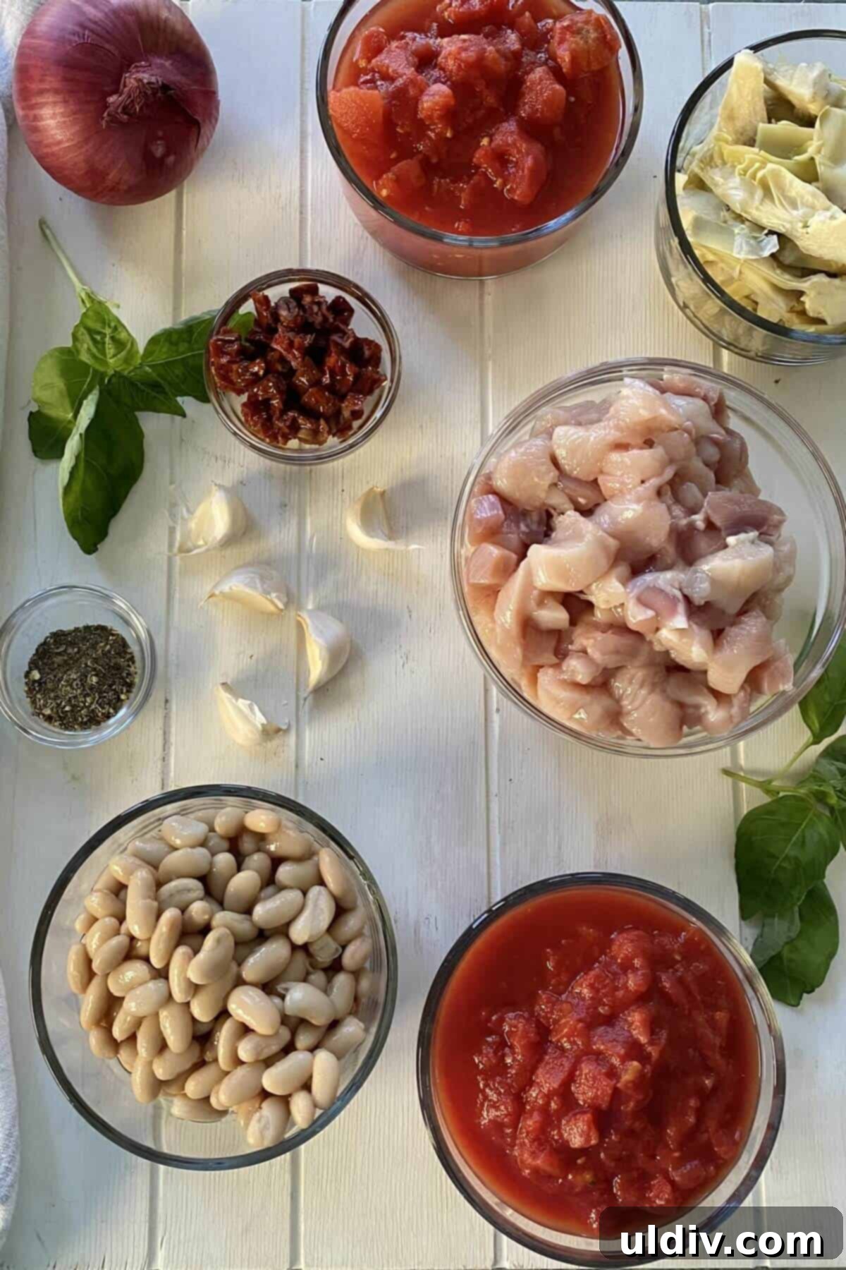 A collection of fresh ingredients: cannellini beans, chicken, tomatoes, basil, onion, garlic, and spices, laid out for an Italian soup recipe.