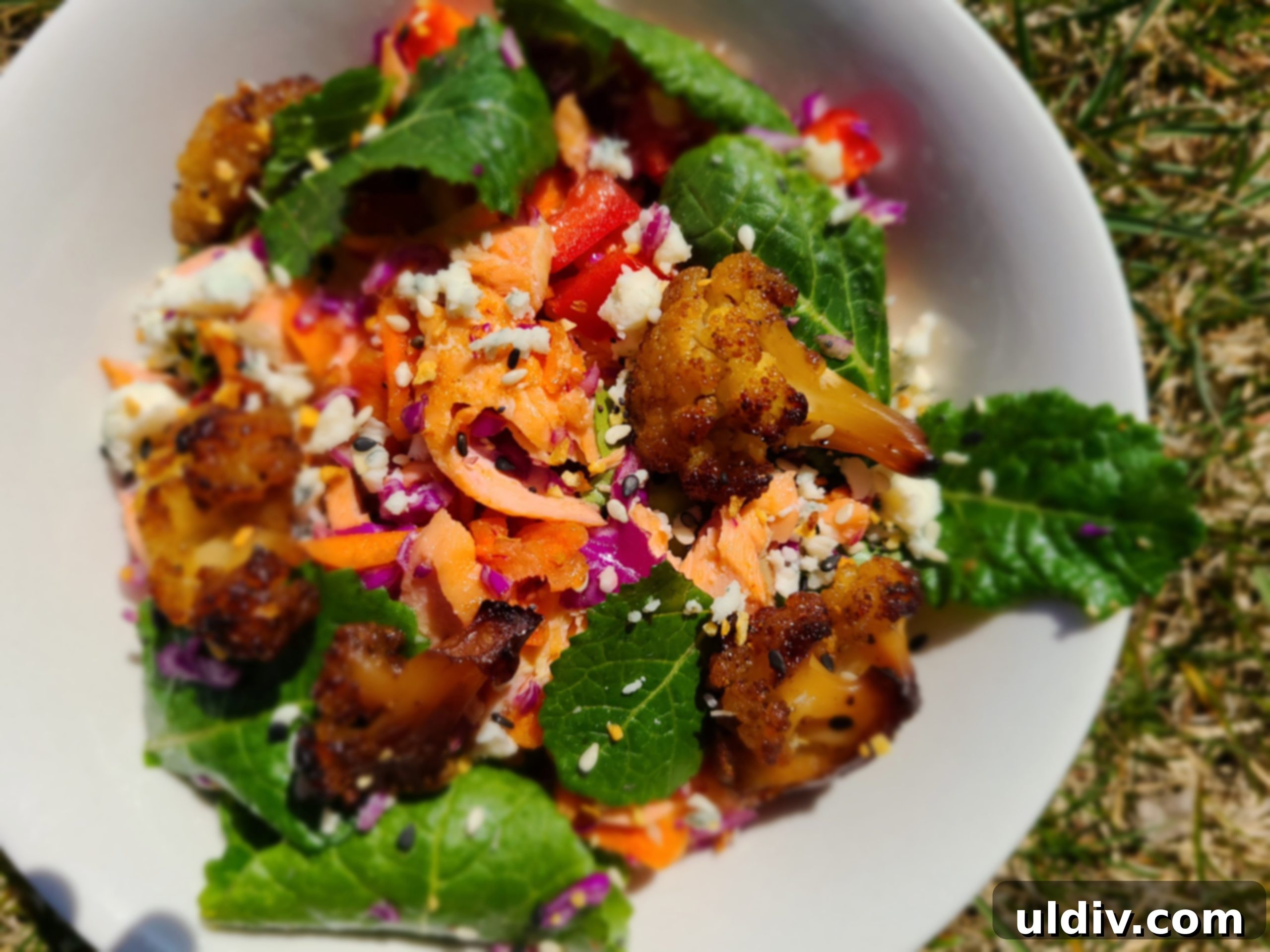Freshly prepared wild salmon, kale, and cauliflower salad in a bowl, ready for spring