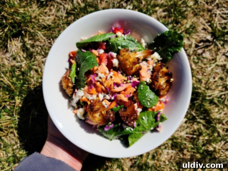 Overhead view of a delicious and colorful spring salmon salad