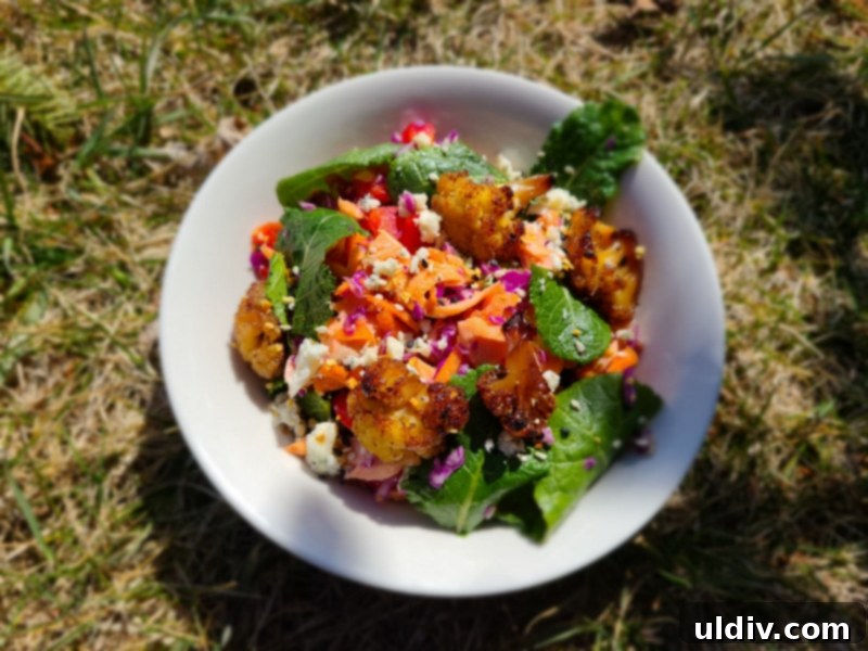 Another perspective of the freshly mixed salmon, kale, and cauliflower salad