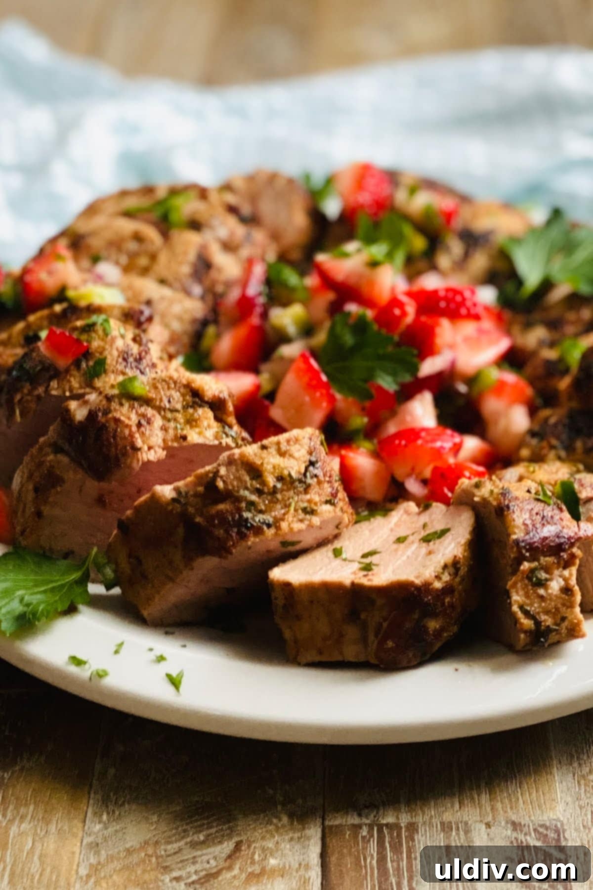 Pork Tenderloin Strawberry Jalapeno Sensation 11 Roasted pork tenderloin medallions artfully arranged with a vibrant strawberry jalapeno salsa, showcasing a perfect balance of sweet and savory.