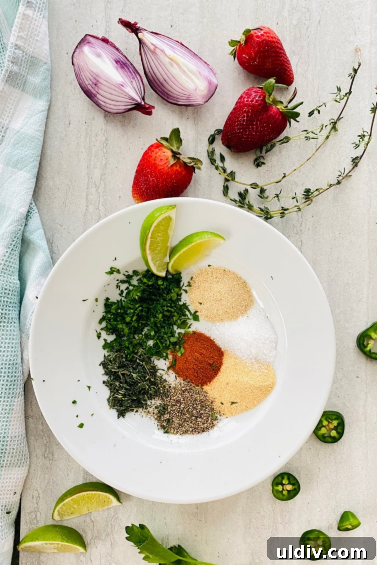 Pork Tenderloin Strawberry Jalapeno Sensation 5 Ingredients for spice rub including kosher salt, onion and garlic powder, fresh herbs, lime.