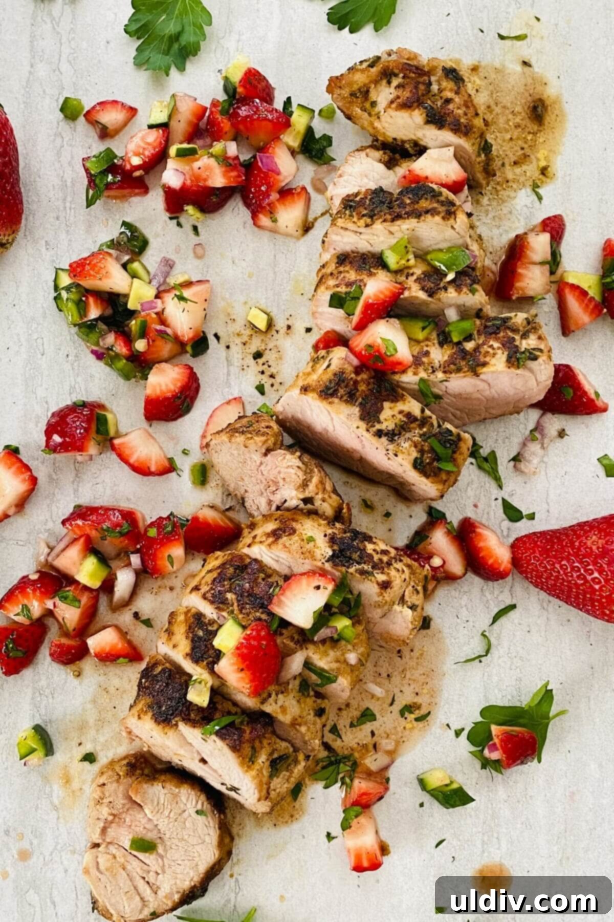 Pork Tenderloin Strawberry Jalapeno Sensation 9 Sliced pork tenderloin medallions artfully arranged with a vibrant strawberry salsa.