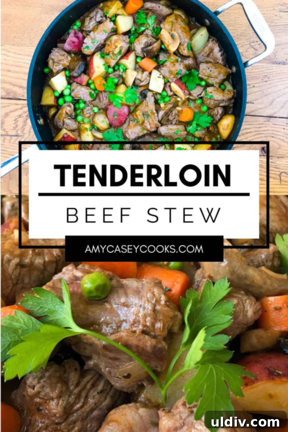 Beef Tenderloin, Mushroom & Potato Stew 6 A view of beef tenderloin stew simmering gently in a sauté pan on the stovetop, showcasing its rich texture.