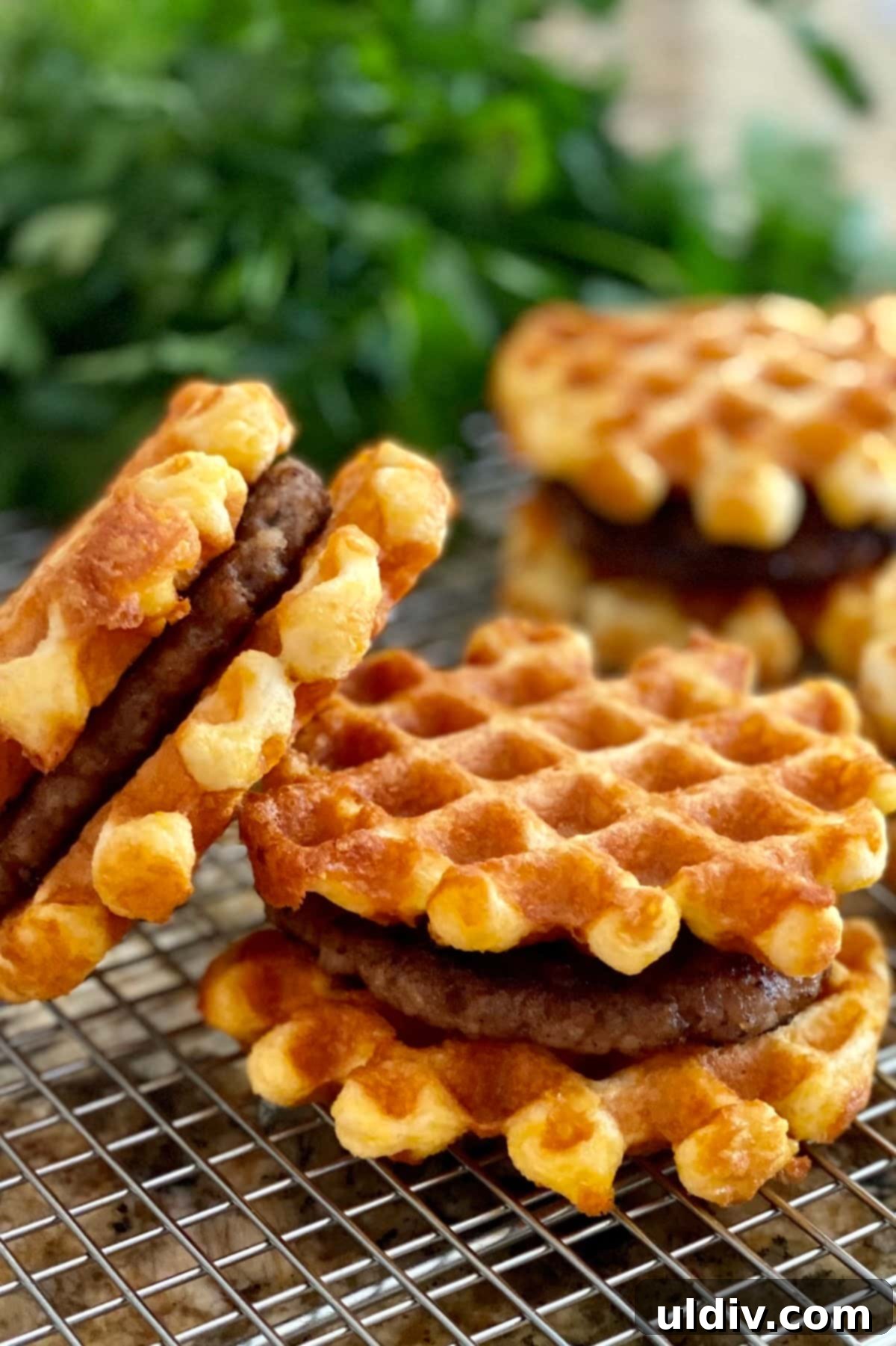 Irresistible Savory Almond Chaffles 6 breakfast sandwich with sausage made with chaffle recipe