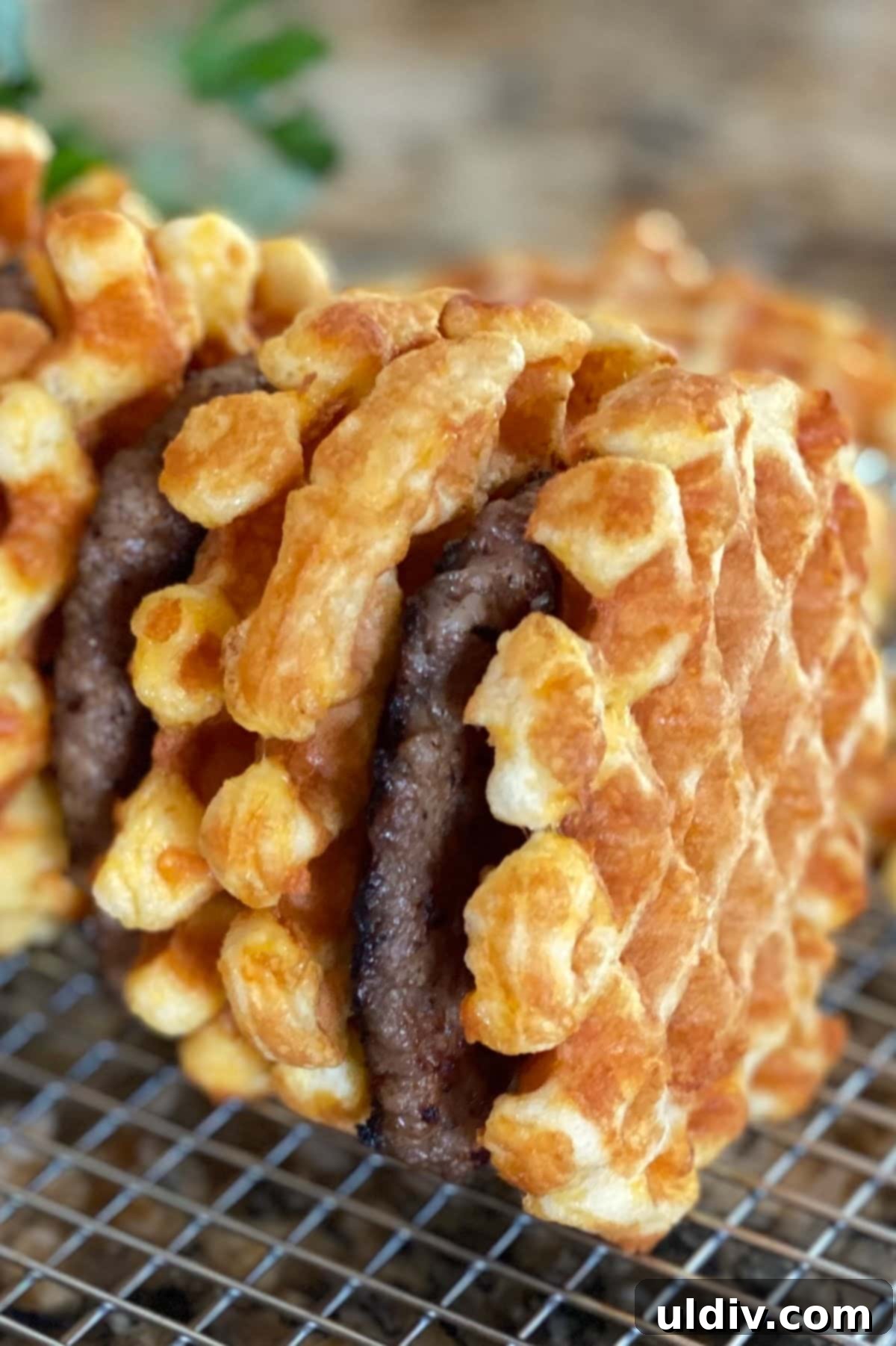 Wholesome Savory Almond Chaffles 7 chaffle sandwiches with sausage