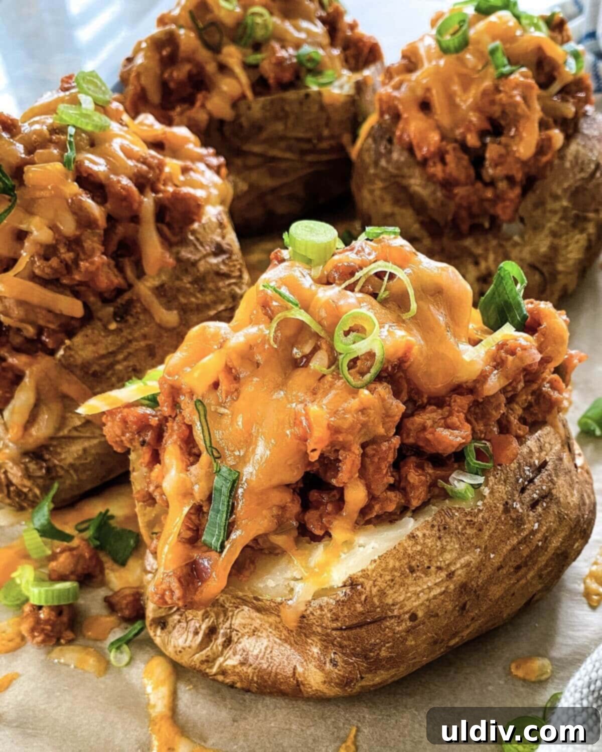 Turkey Sloppy Joe Potato Bake 8 Beautifully stuffed root vegetables, possibly baked potatoes, generously topped with a savory filling and melted cheese, without sour cream.