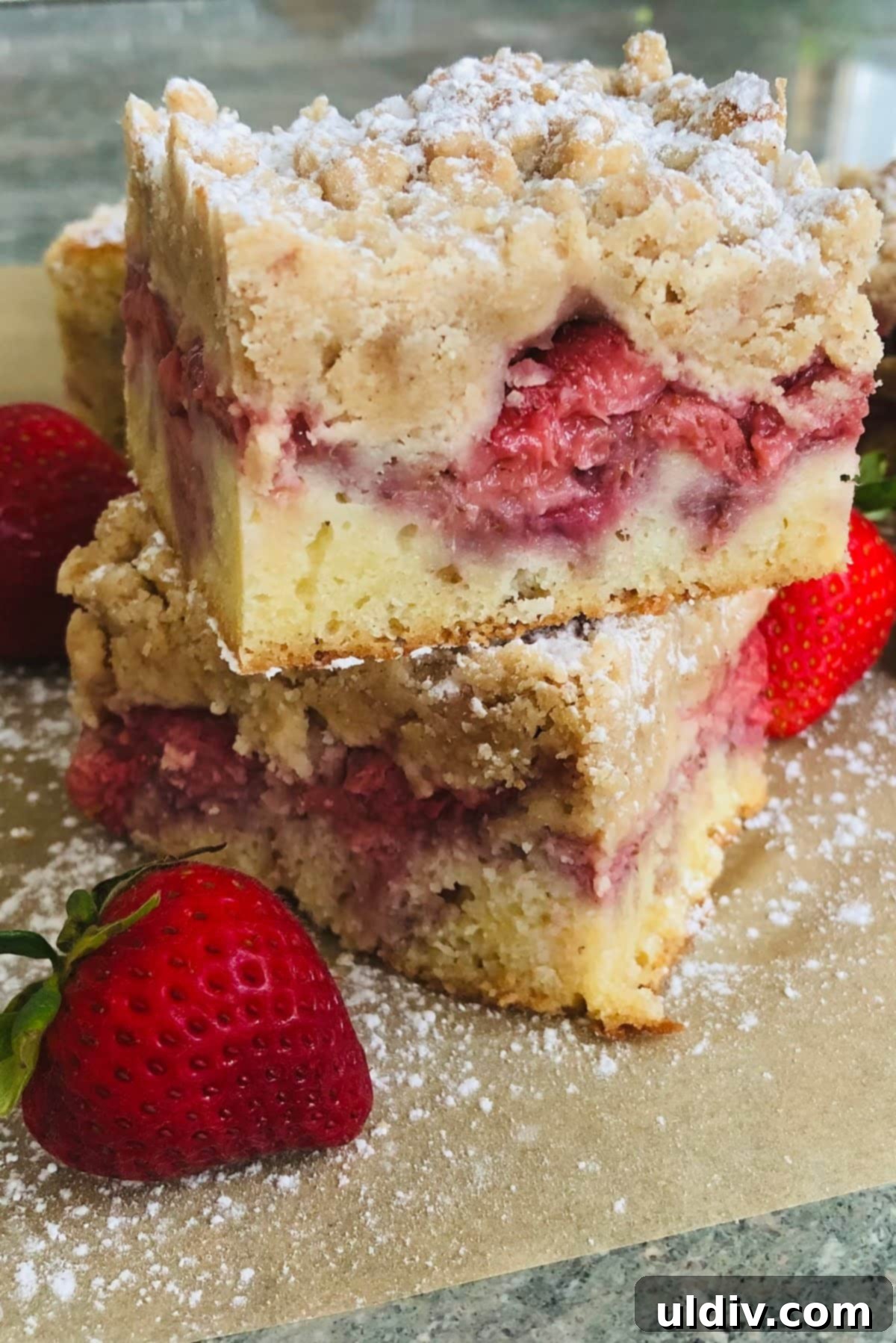 Luscious Strawberry Streusel Cake 3 Two slices of moist strawberry crumb cake, highlighting the generous crumb topping and vibrant strawberry filling.