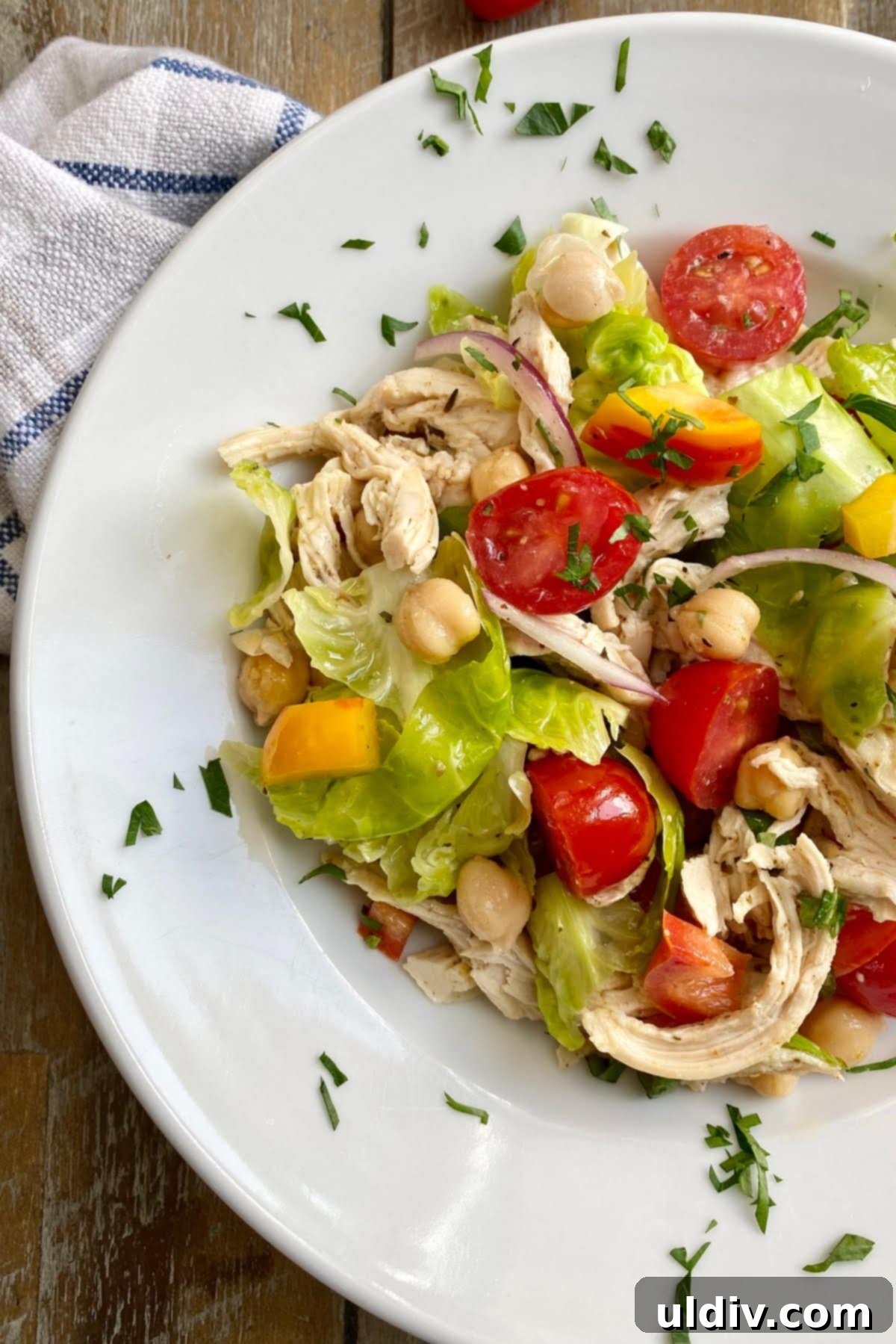 Wholesome Chicken Salad with Roasted Brussels and Crispy Chickpeas 2 bowl of healthy chicken salad with chickpeas, tomatoes, bell peppers, and Brussels sprouts
