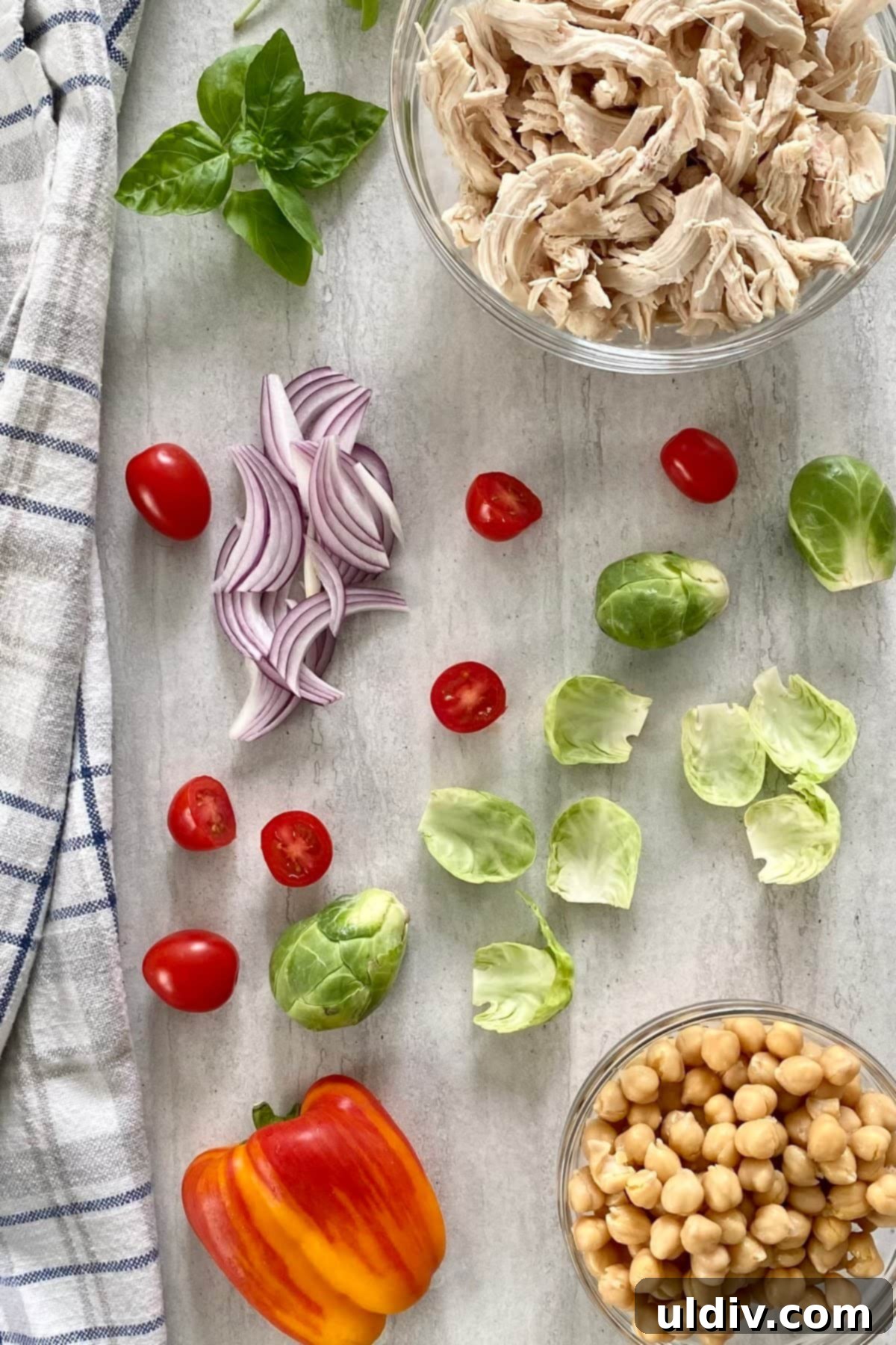 Wholesome Chicken Salad with Roasted Brussels and Crispy Chickpeas 6 ingredients for chicken salad