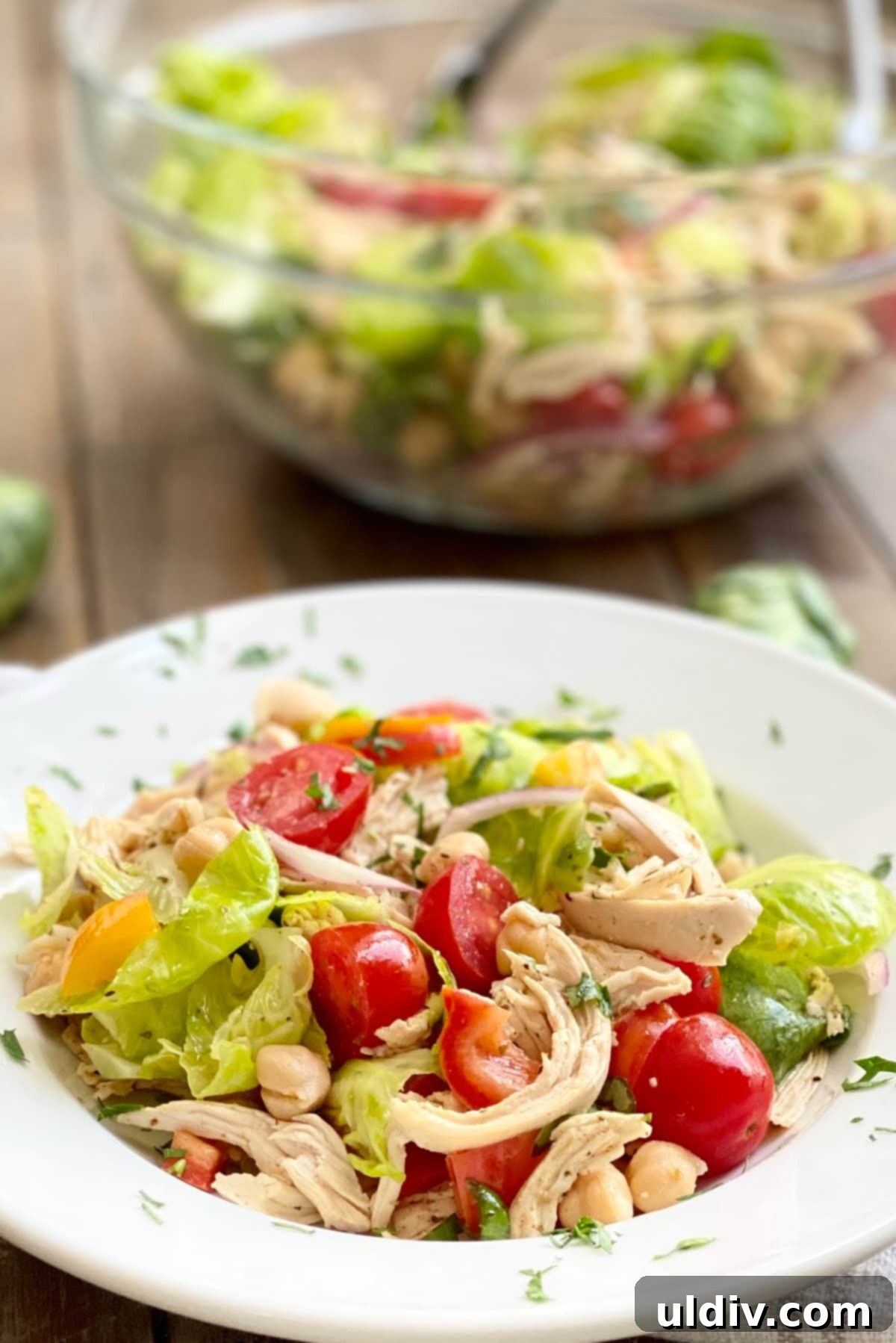 Wholesome Chicken Salad with Roasted Brussels and Crispy Chickpeas 7 hearty lunch with chickpeas, brussels sprouts, tomatoes and bell peppers