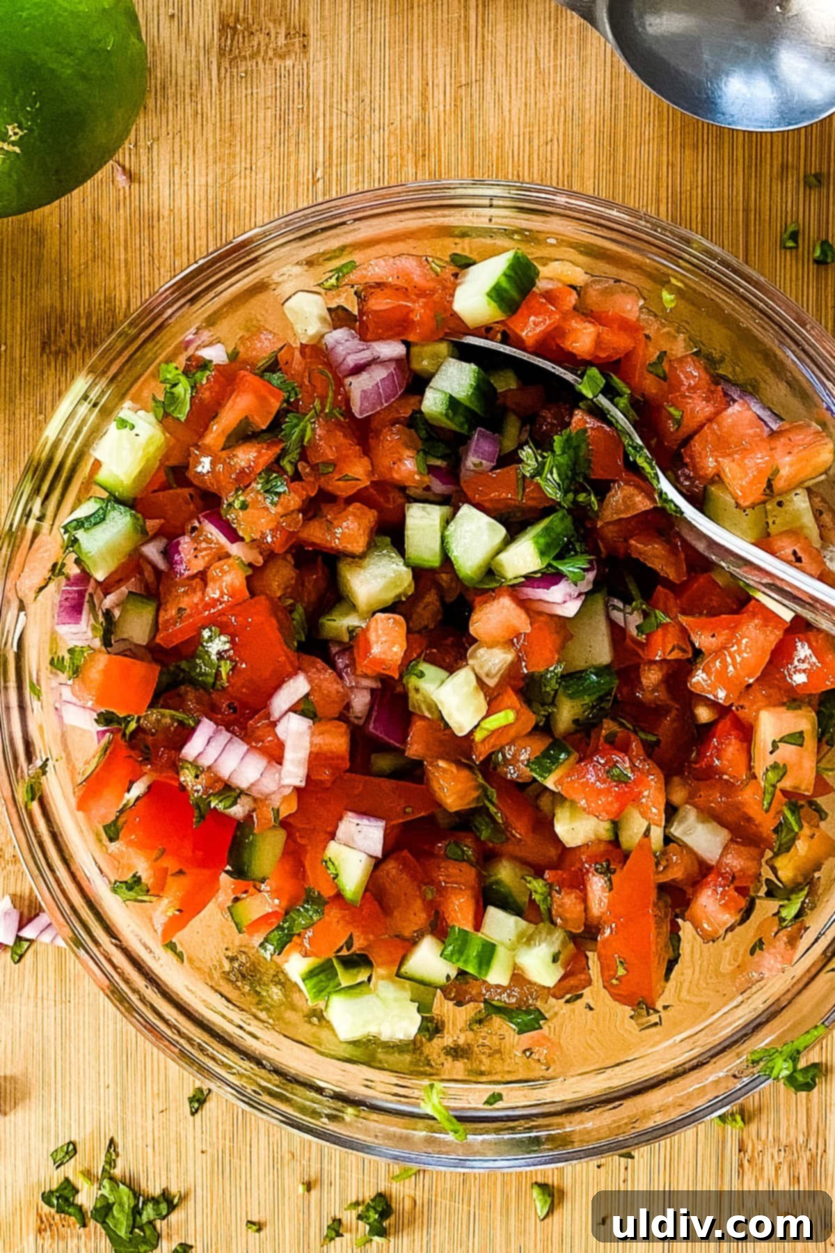 Bright & Zesty Pico 7 Close-up of perfectly diced tomatoes, crisp cucumbers, vibrant red onion, and fresh cilantro, all ready to be combined for a delicious Pico de Gallo.