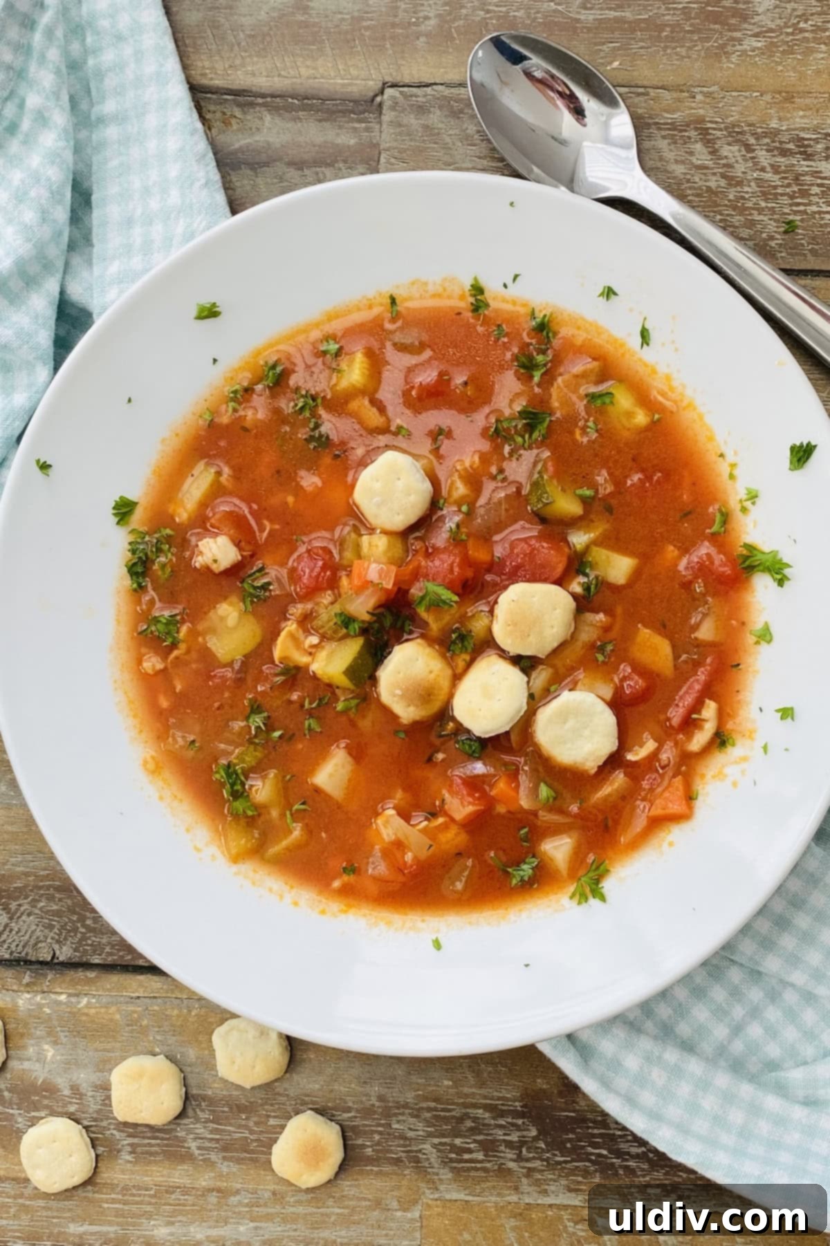 Grandma's Classic Manhattan Clam Chowder Recipe 2 A steaming bowl of vibrant red Manhattan clam chowder, garnished with fresh thyme and served with oyster crackers on the side, inviting to a hearty meal.