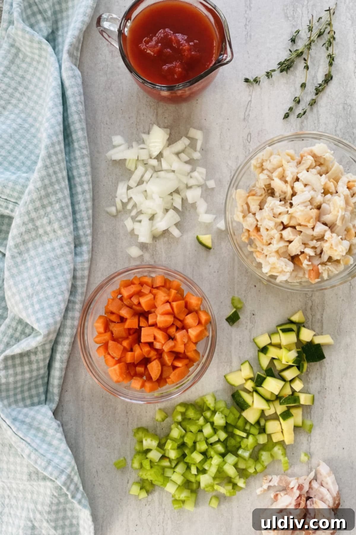 Grandma's Beloved Manhattan Clam Chowder Recipe 3 Fresh ingredients laid out for Manhattan clam chowder: clams, carrots, celery, zucchini, onion, fresh thyme, and canned crushed tomatoes.