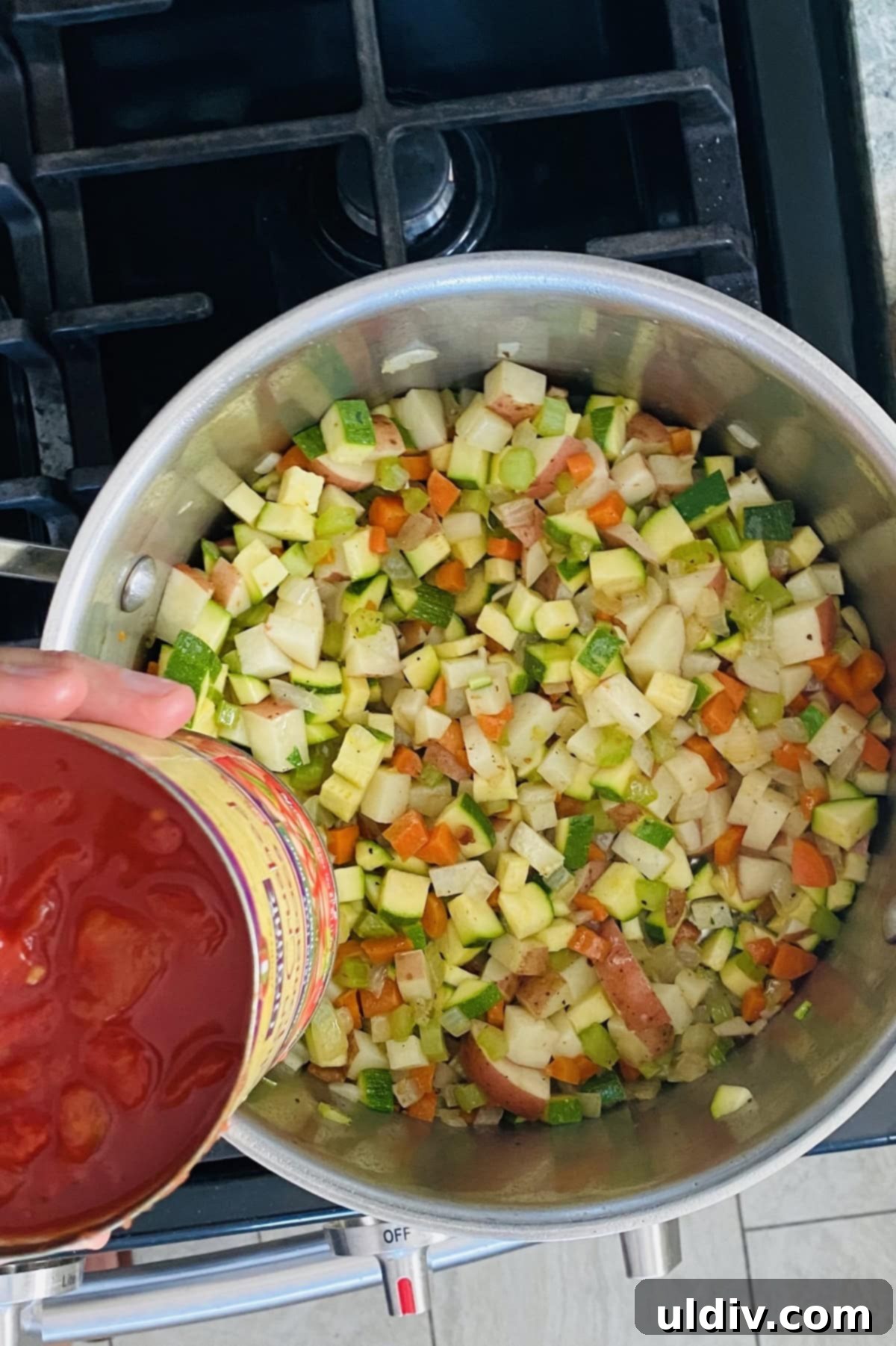 Grandma's Classic Manhattan Clam Chowder Recipe 5 Freshly diced onions, celery, and carrots sautéing in the rendered bacon fat, becoming tender and translucent, ready for the next step of the chowder.