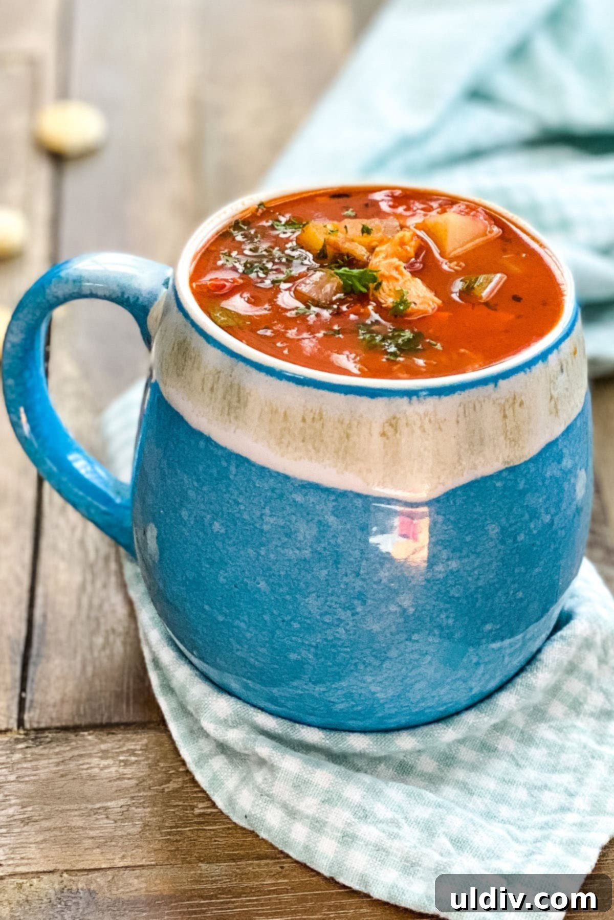 Grandma's Classic Manhattan Clam Chowder Recipe 8 A charming mug filled with Manhattan clam chowder, perfectly portioned and ready to be enjoyed on a cozy table setting, steam rising invitingly.