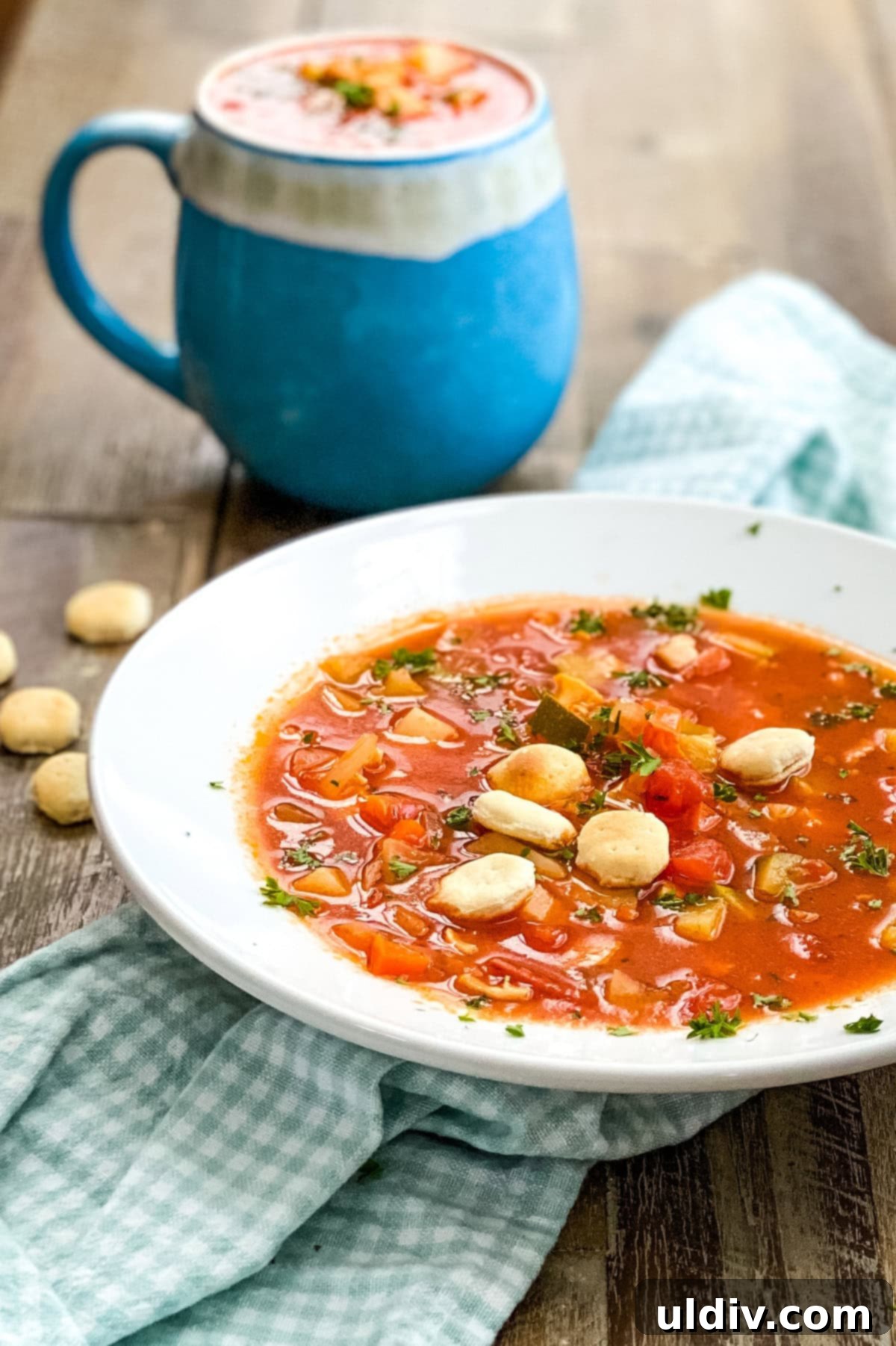 Grandma's Classic Manhattan Clam Chowder Recipe 9 Two servings of Manhattan clam chowder, one in a classic bowl and one in a cozy mug, invitingly arranged on a rustic wooden table.