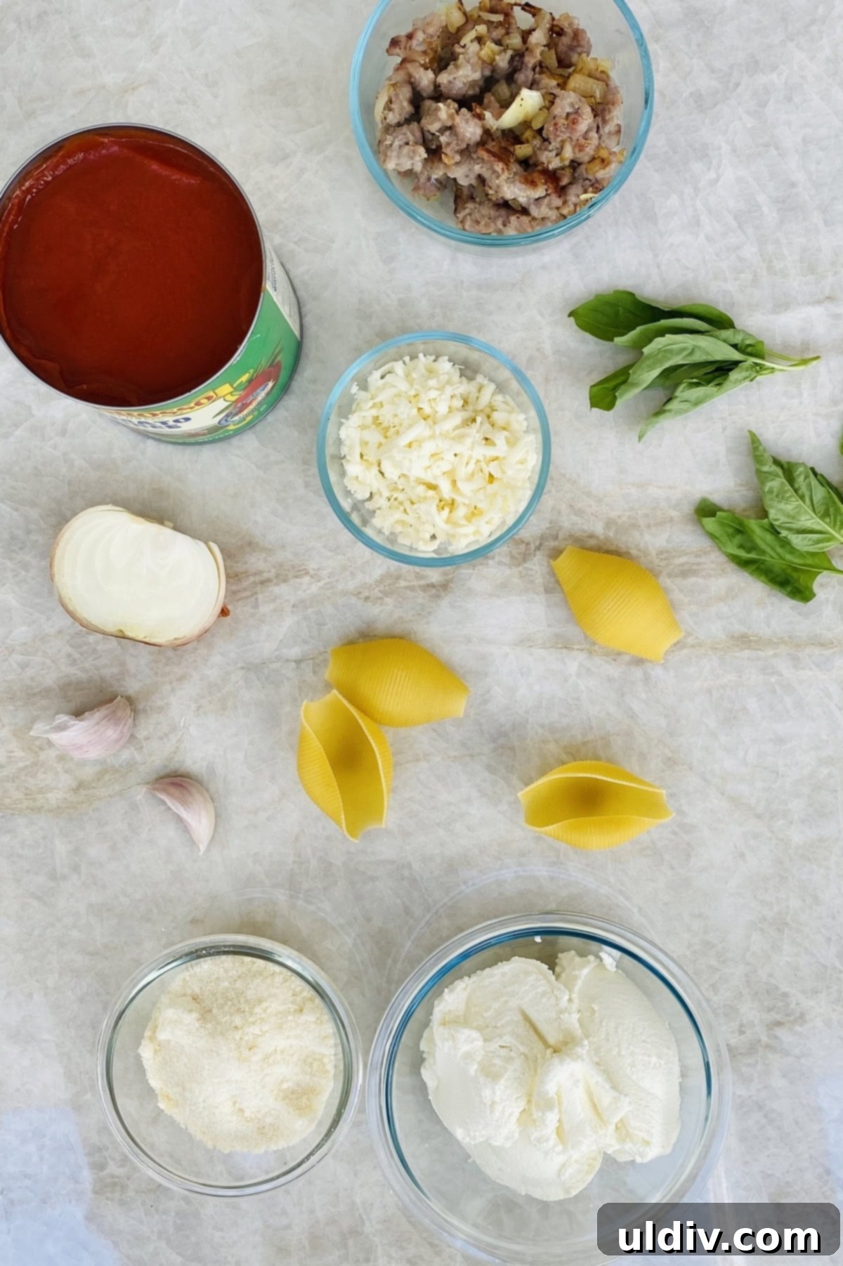 Italian Sausage Stuffed Shells 3 A vibrant flat lay showcasing the fresh ingredients for stuffed pasta shells: jumbo shells, ricotta, mozzarella, Parmesan, garlic, onion, basil, crushed tomatoes, and Italian sausage.