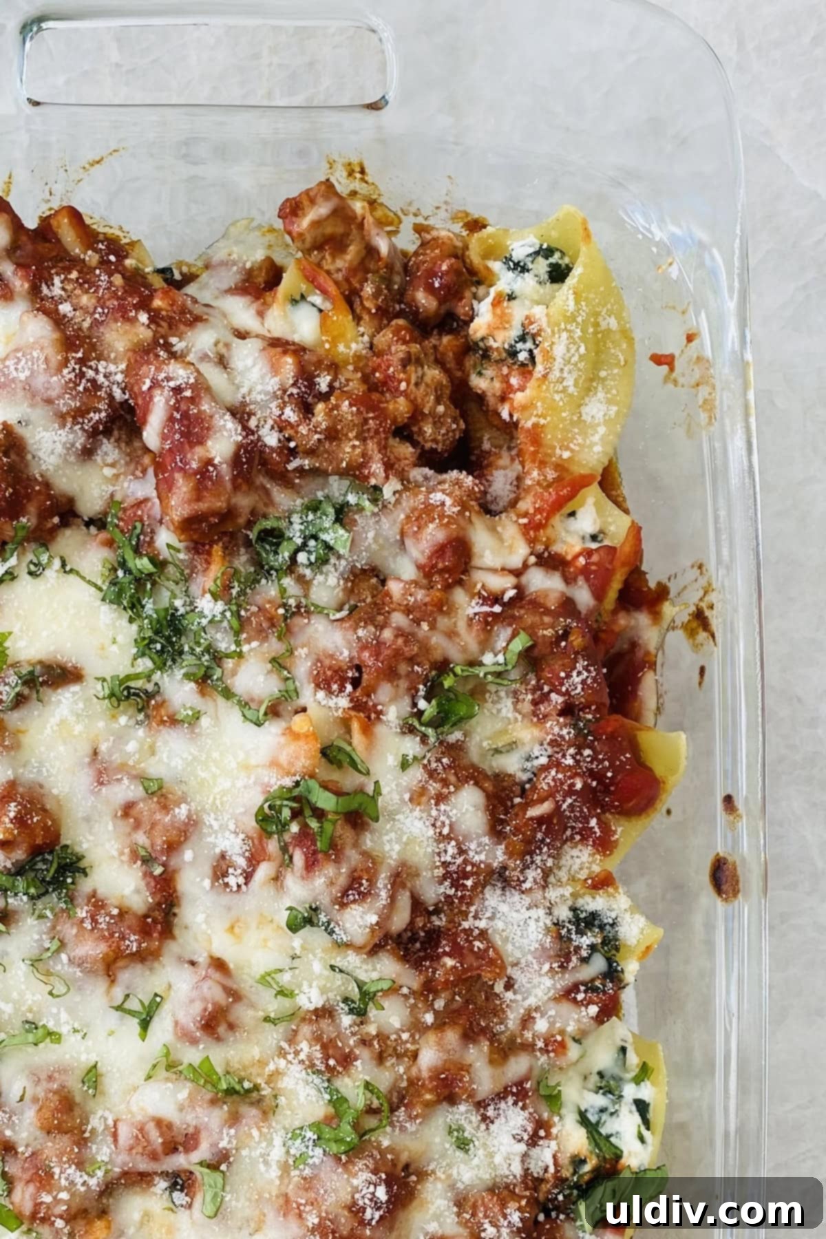 Italian Sausage Stuffed Shells 6 A beautifully baked pan of golden, bubbly stuffed pasta shells, topped with melted cheese and rich marinara sauce, fresh from the oven.
