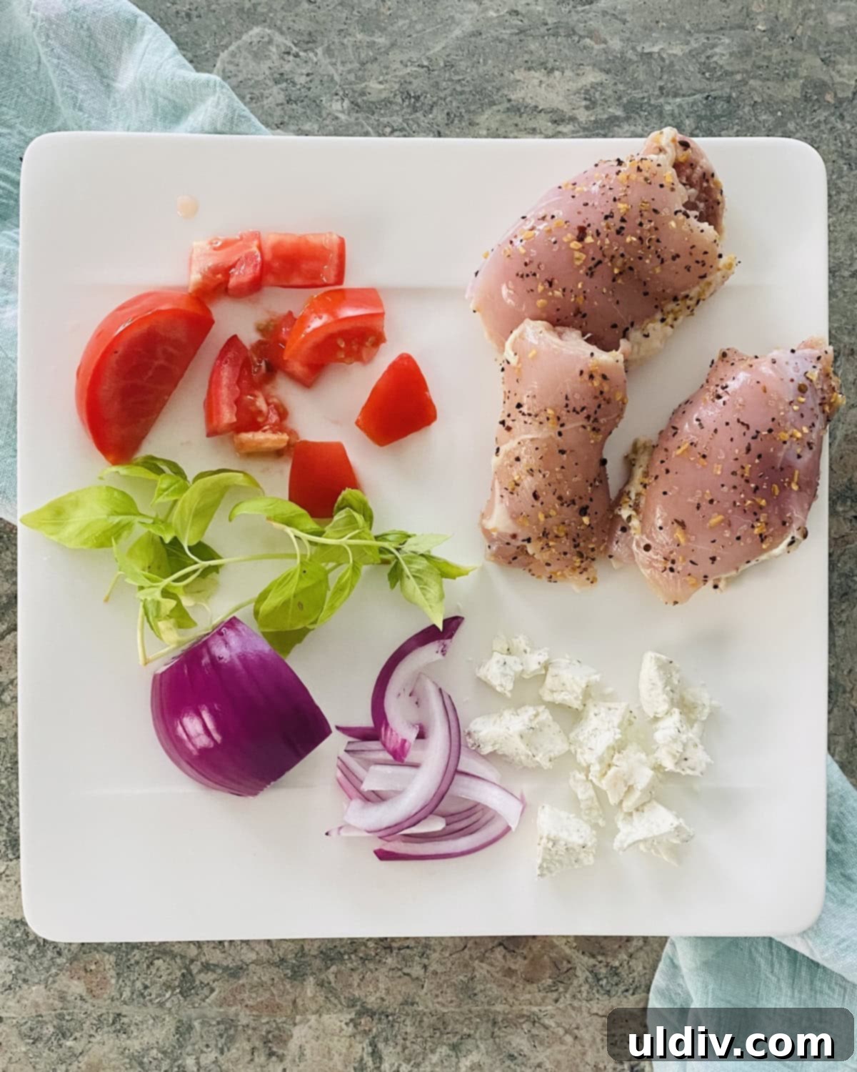 Tuscan Grilled Chicken with Goat Cheese and Sautéed Tomato Basil 3 chicken thighs, chopped tomatoes, red onion goat cheese and fresh basil