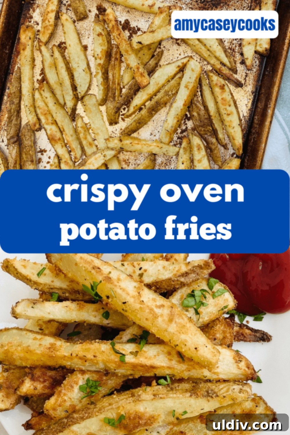 Homemade Crispy Oven Fries 12 Crispy golden brown French fries baked in the oven, spread out on a large baking sheet.