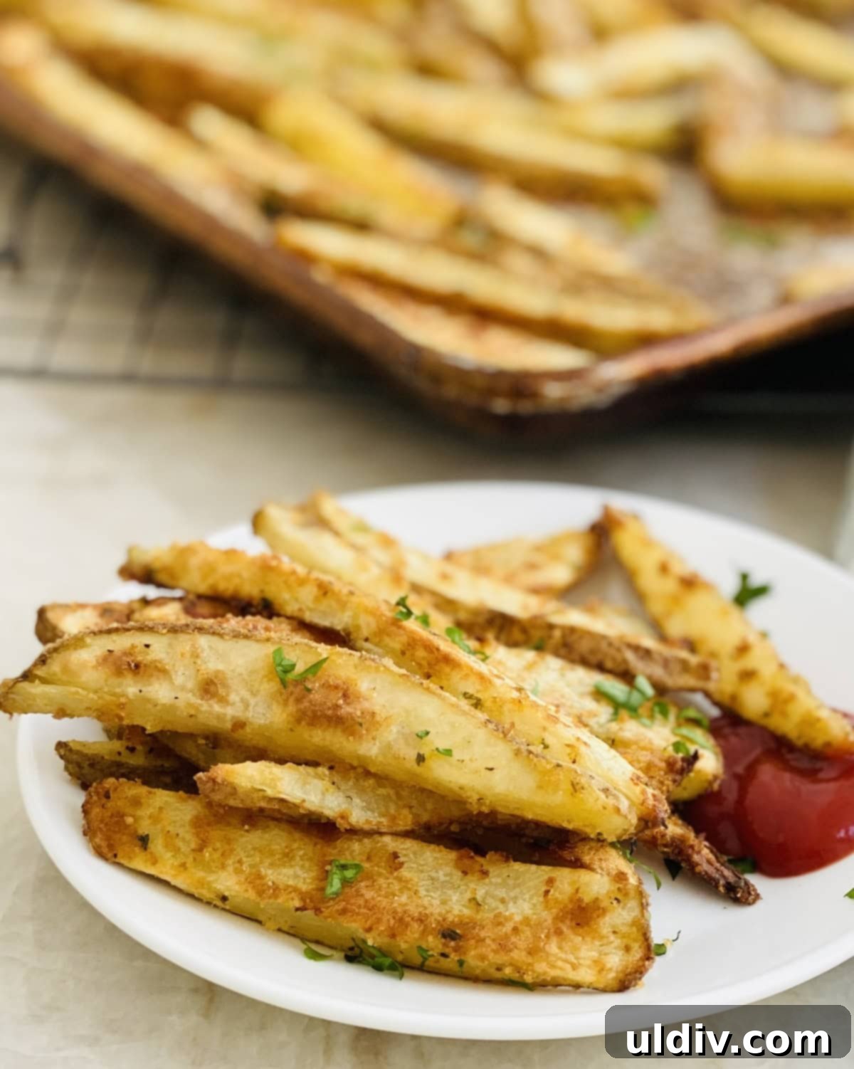 Homemade Crispy Oven Fries 10 A rustic plate piled high with golden, crispy oven fries, with a hot baking sheet full of more fries in the background, ready for serving.