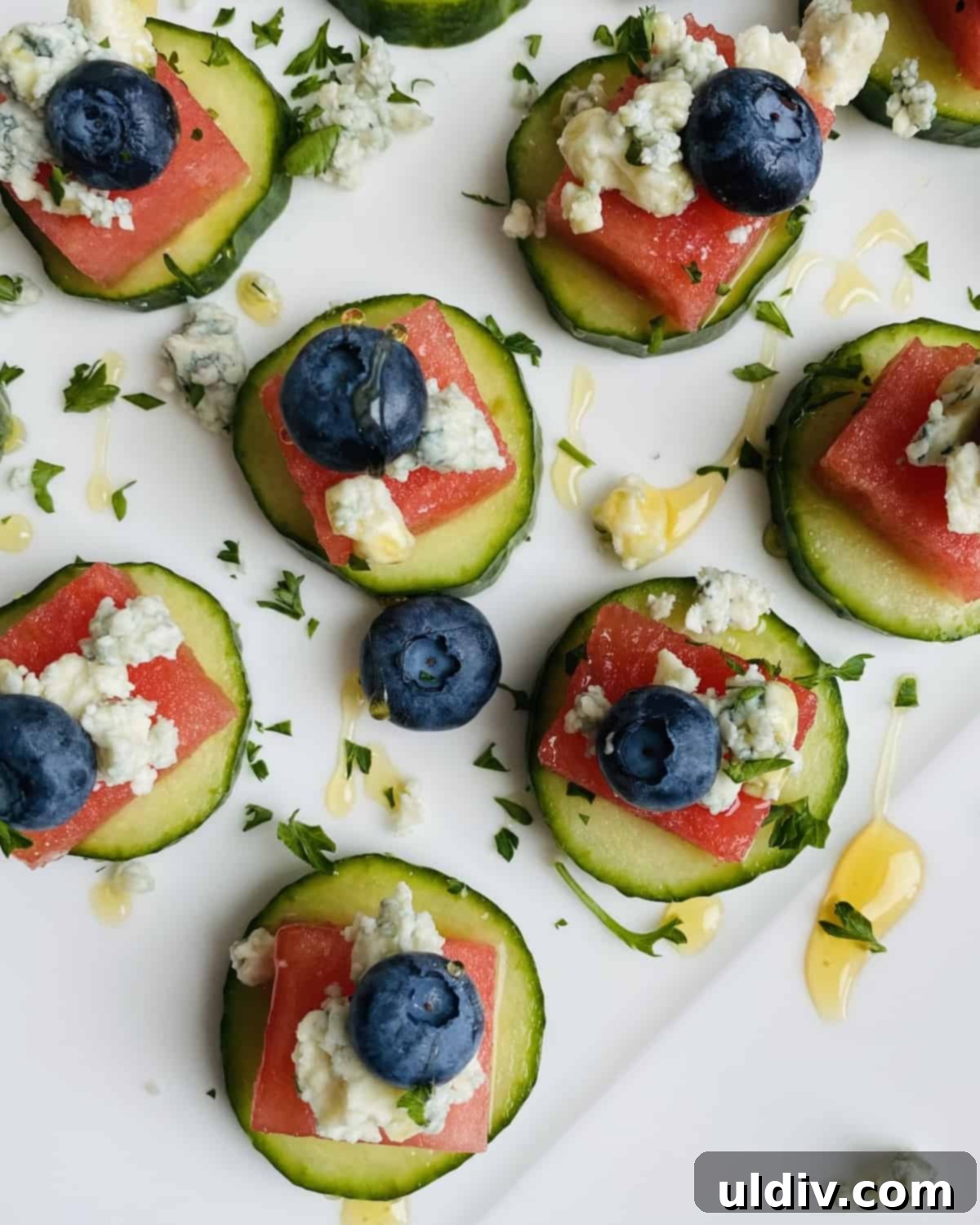 Watermelon Cucumber Blue Cheese Poppers 4 cucumber watermelon appetizers with blue cheese